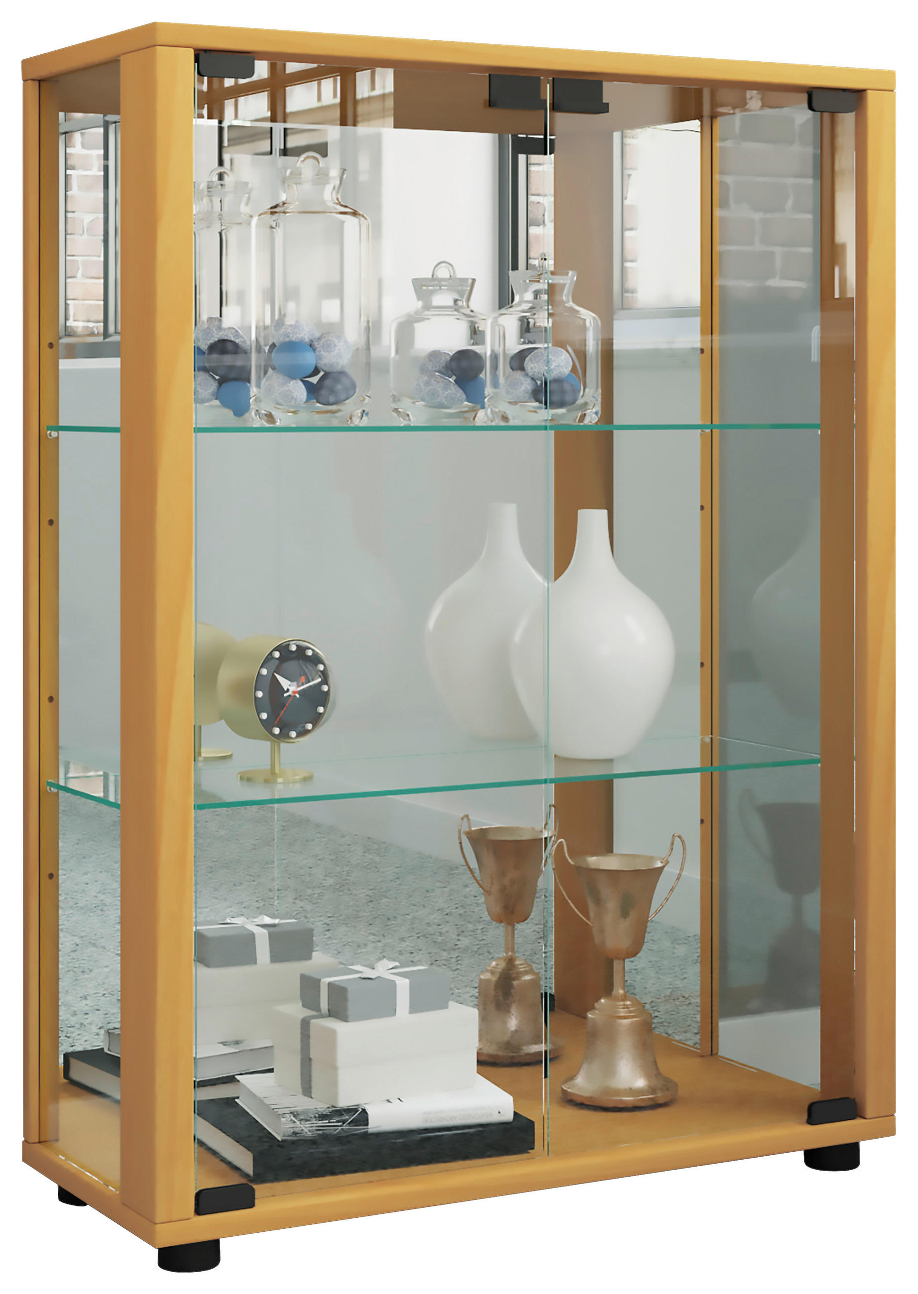 VITRINE  in Buchefarben  - Buchefarben/Schwarz, MODERN, Glas/Holzwerkstoff (60/80/25cm) - MID.YOU