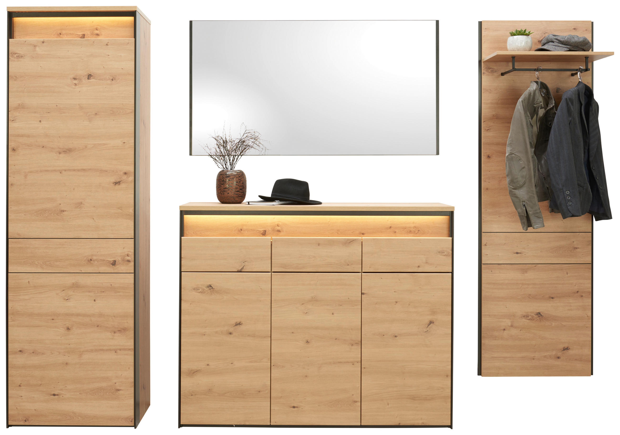 GARDEROBE 4-teilig in 248/200/38 cm - Schwarz/Eiche Artisan, KONVENTIONELL, Glas/Holzwerkstoff (248/200/38cm) - Voleo