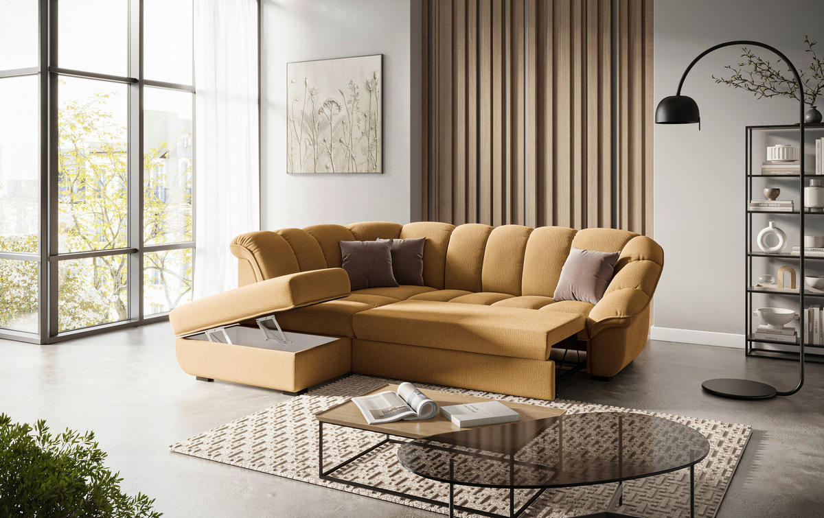 ECKSOFA Senfgelb Chenille Bettkasten, Schlaffunktion, Rücken echt  - Senfgelb/Schwarz, KONVENTIONELL, Kunststoff/Textil (222/260cm) - Welnova