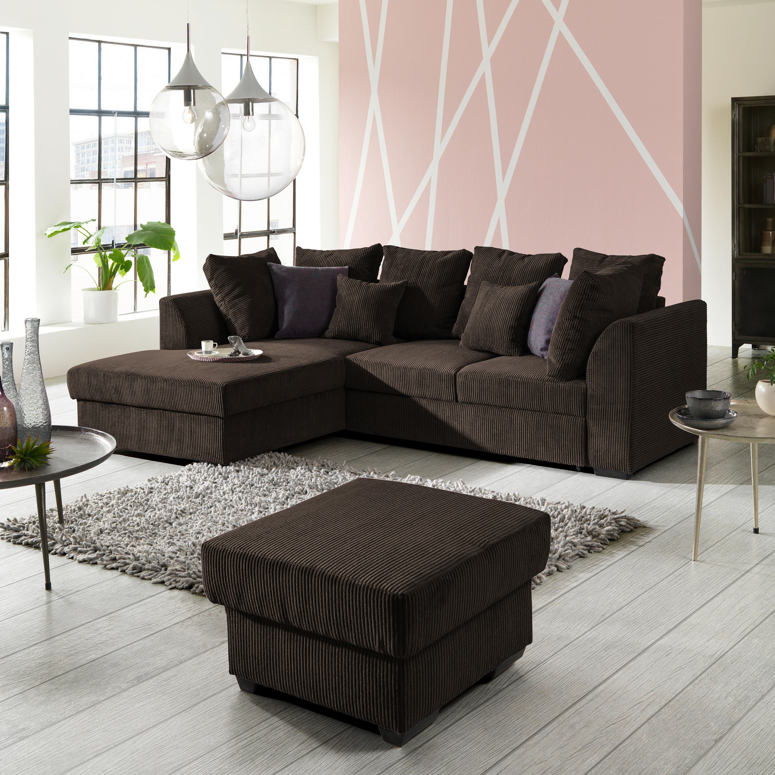 ECKSOFA inkl.Funktionen Dunkelbraun Cord  - Dunkelbraun/Schwarz, Design, Kunststoff/Textil (174/259cm) - Cantus