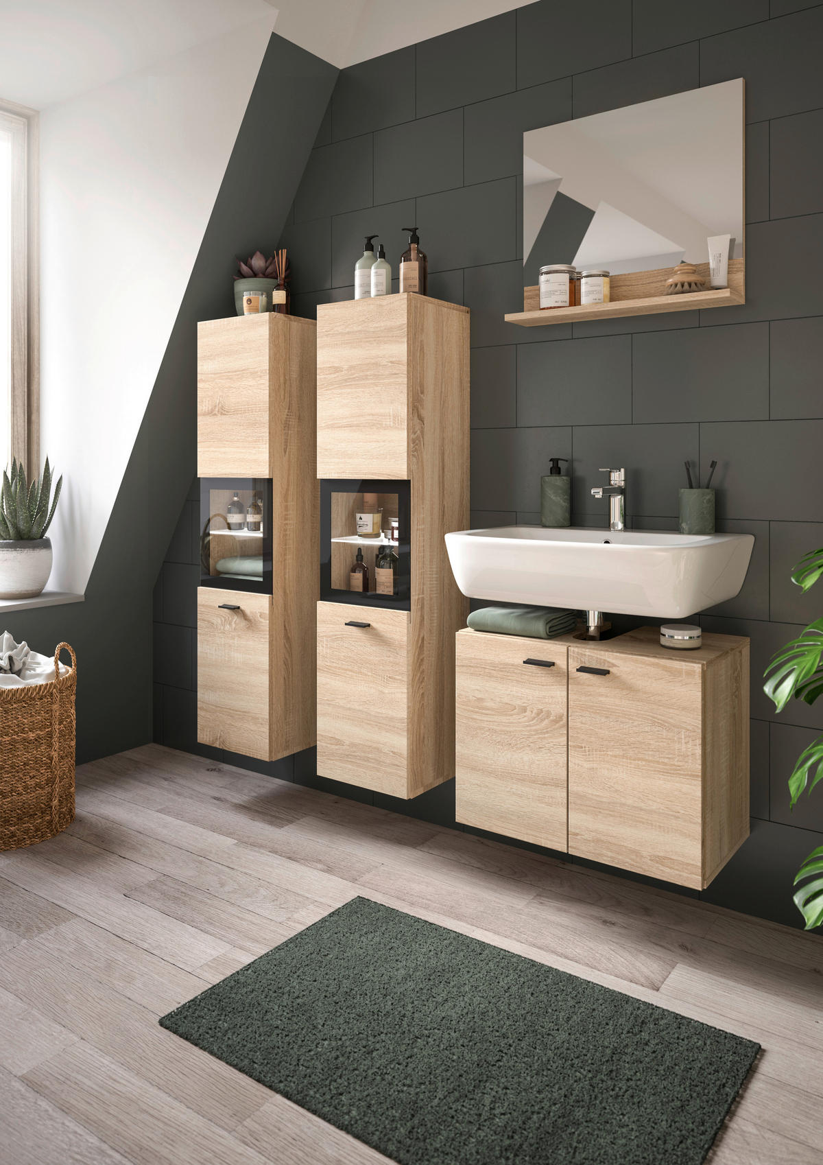 BADEZIMMER 4-teilig  in 117 cm  - Schwarz/Sonoma Eiche, MODERN, Glas/Holzwerkstoff (117cm) - MID.YOU