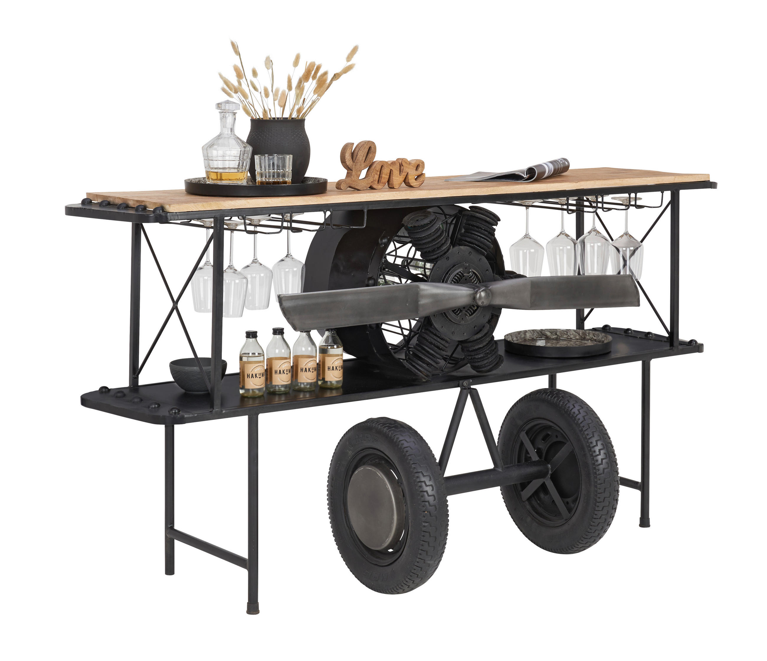 BAR Mangoholz Hartholz Naturfarben, Schwarz - Schwarz/Naturfarben, Trend, Holz/Metall (190/60/93cm)