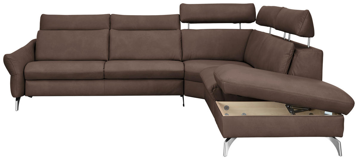 ECKSOFA in Echtleder Dunkelbraun  - Edelstahlfarben/Dunkelbraun, Konventionell, Leder/Metall (296/242cm) - Himolla Komfortklass