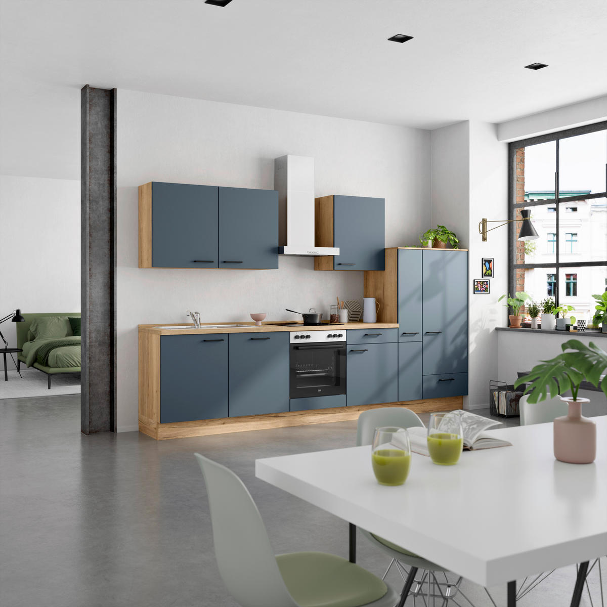 KÜCHENBLOCK Easytouch 330 cm  in Blau, Eichefarben  - Blau/Eichefarben, MODERN, Holzwerkstoff/Metall (330cm) - Nobilia