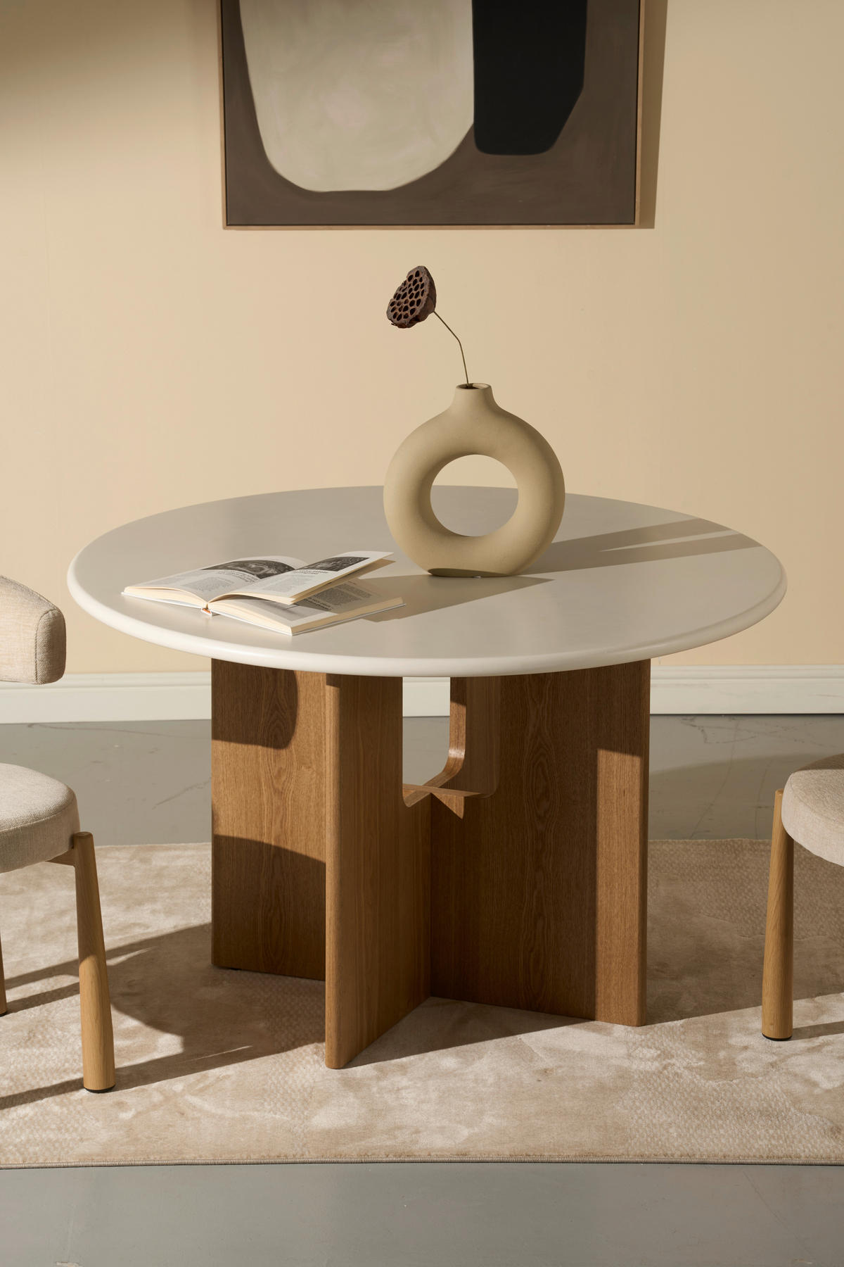 ESSTISCH Echtholz, Nachbildung  Holz, Wellpappe rund Weiß, Eichefarben  - Eichefarben/Weiß, MODERN, Holz/Wellpappe (120/75cm) - Livetastic