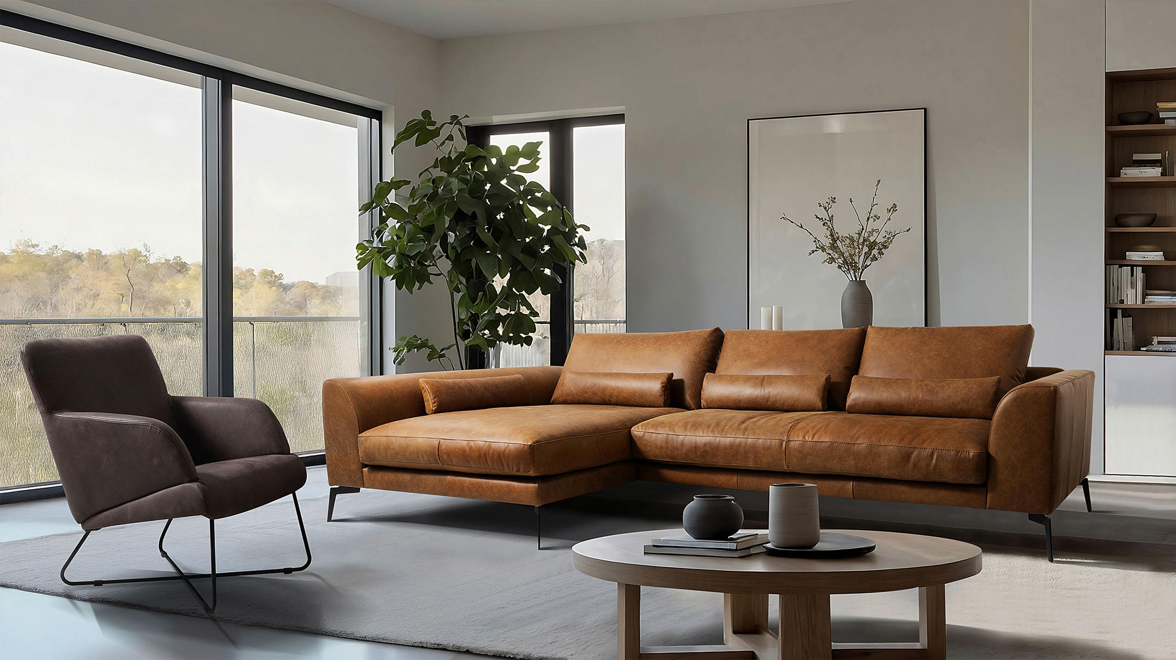 ECKSOFA in Echtleder Cognac  - Cognac/Schwarz, Design, Leder/Metall (172/313cm) - Livetastic