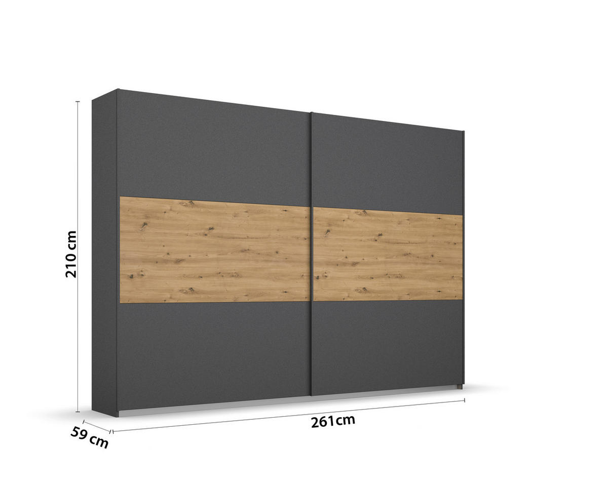 SCHWEBETÜRENSCHRANK  in Grau, Eiche Artisan  - Eiche Artisan/Grau, MODERN, Holzwerkstoff/Metall (261/210/54cm) - Rauch Möbel