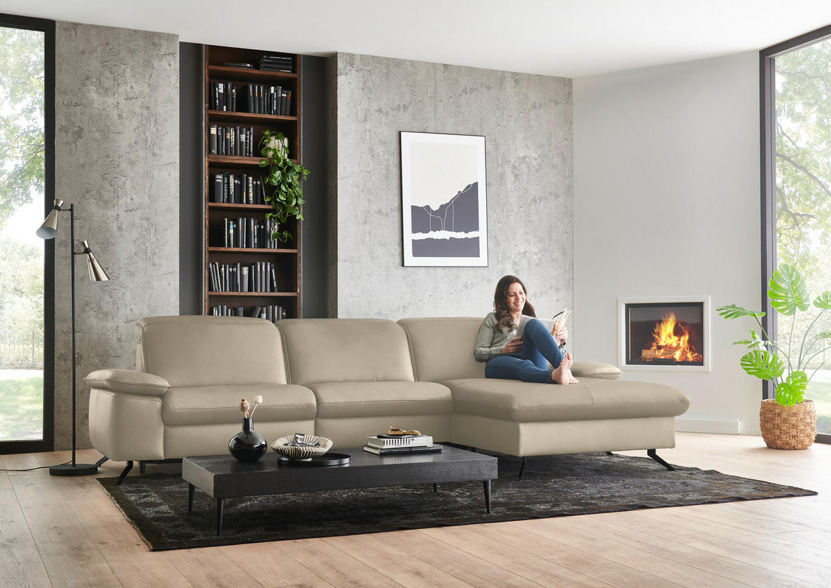 ECKSOFA  Echtleder Sandfarben  - Sandfarben/Schwarz, Design, Leder/Metall (307/169cm) - Beldomo Premium