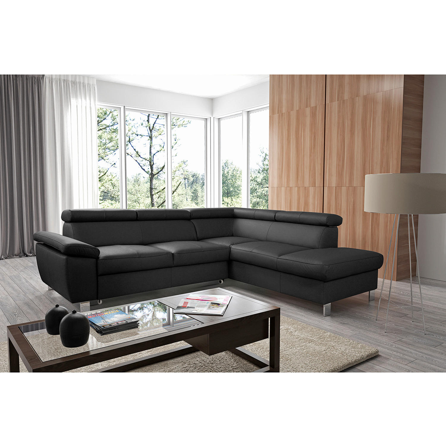 ECKSOFA Schwarz Echtleder Lederlook  - Chromfarben/Schwarz, Design, Leder/Textil (248/208cm) - Livetastic