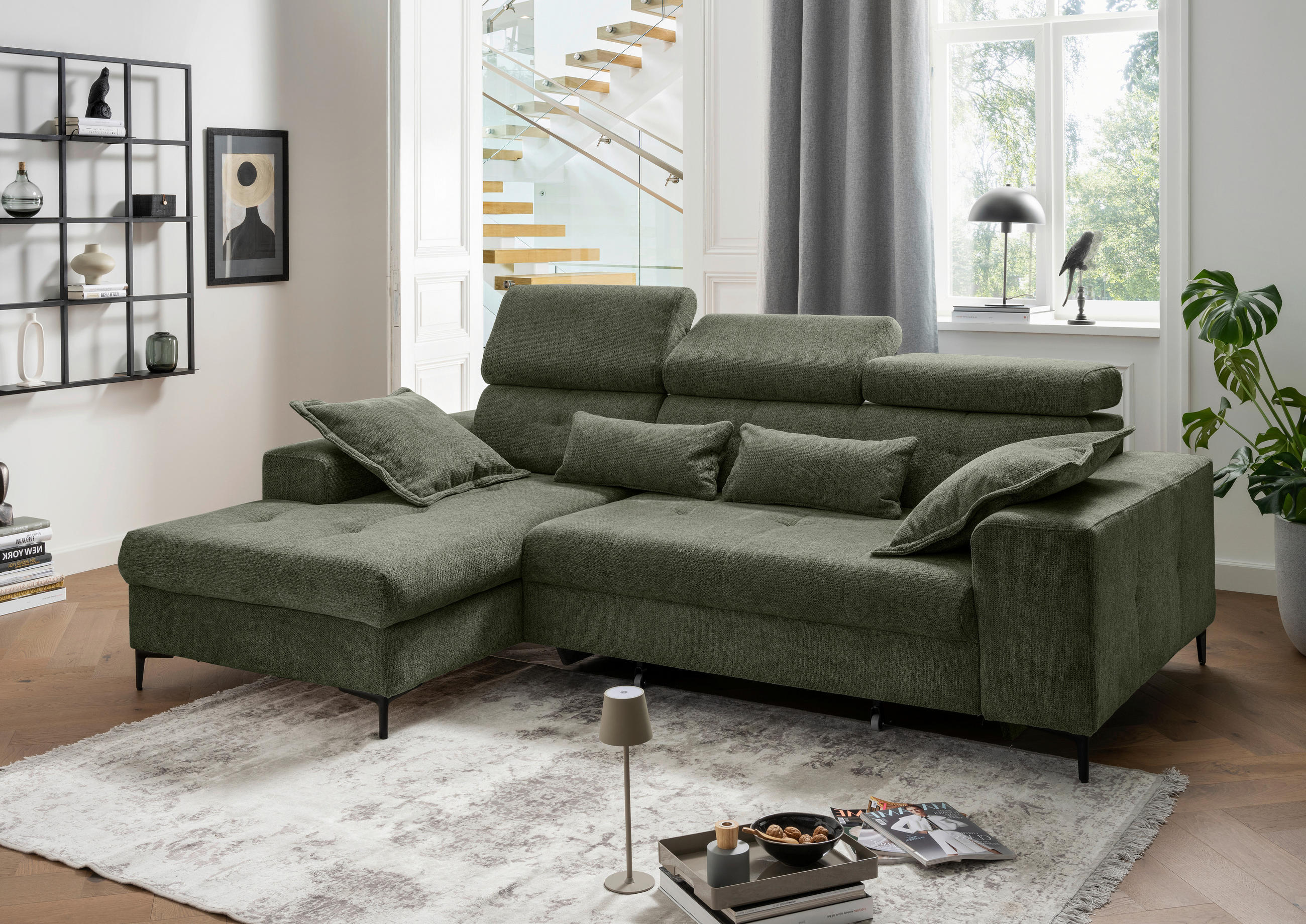 ECKSOFA Chenille Dunkelgrün  - Dunkelgrün/Schwarz, Basics, Textil/Metall (186/270cm) - Livetastic