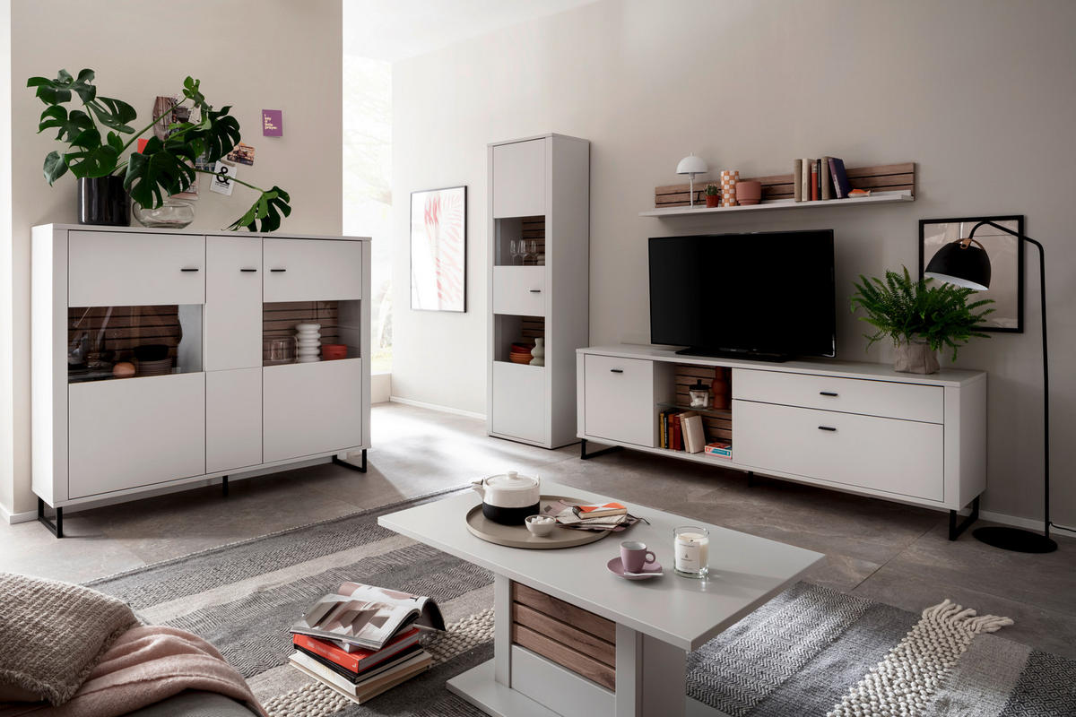 WOHNWAND  in Weiss, Eichefarben 287/206/44 cm  - Weiss/Eichefarben, Design, Glas/Holzwerkstoff (287/206/44cm) - Stylife
