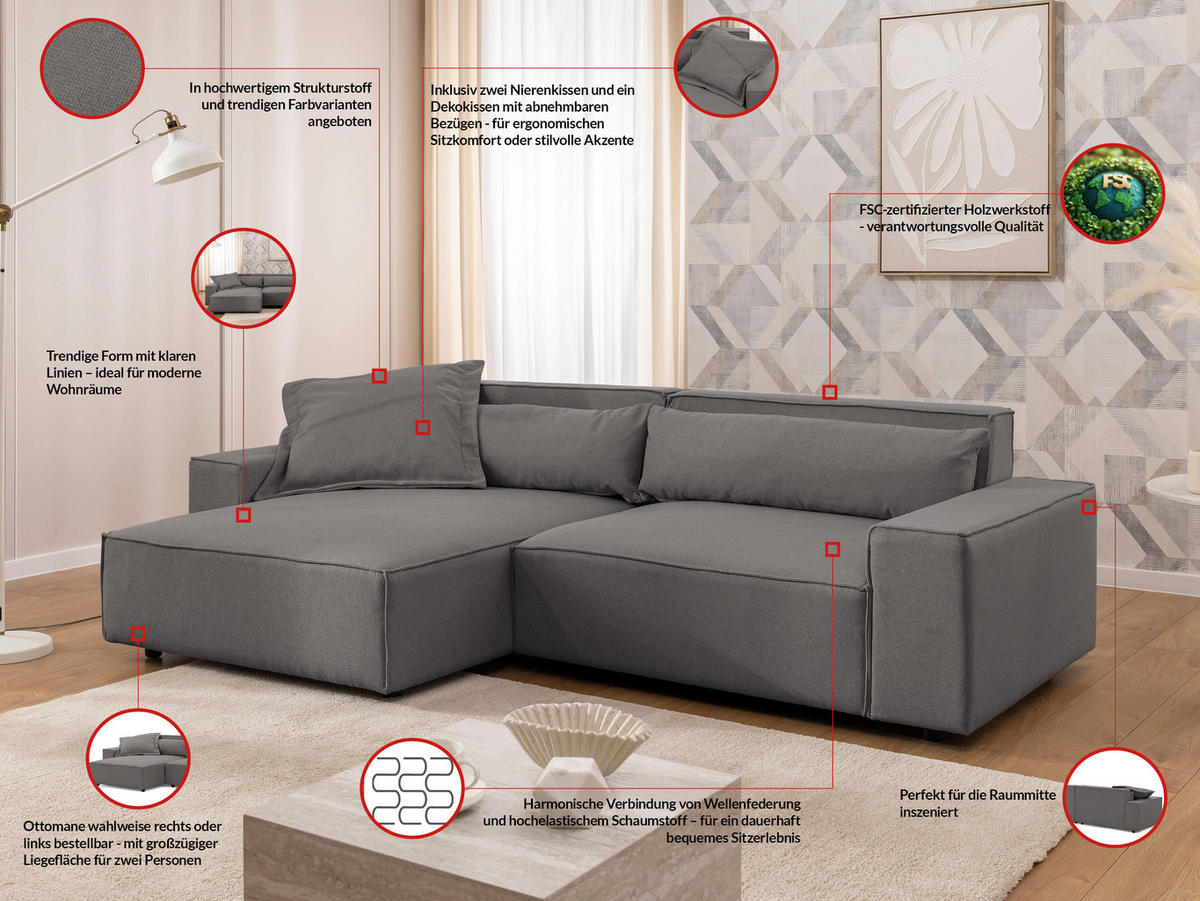 ECKSOFA Webstoff Grau  - Schwarz/Grau, Design, Kunststoff/Textil (251/142cm) - P & B