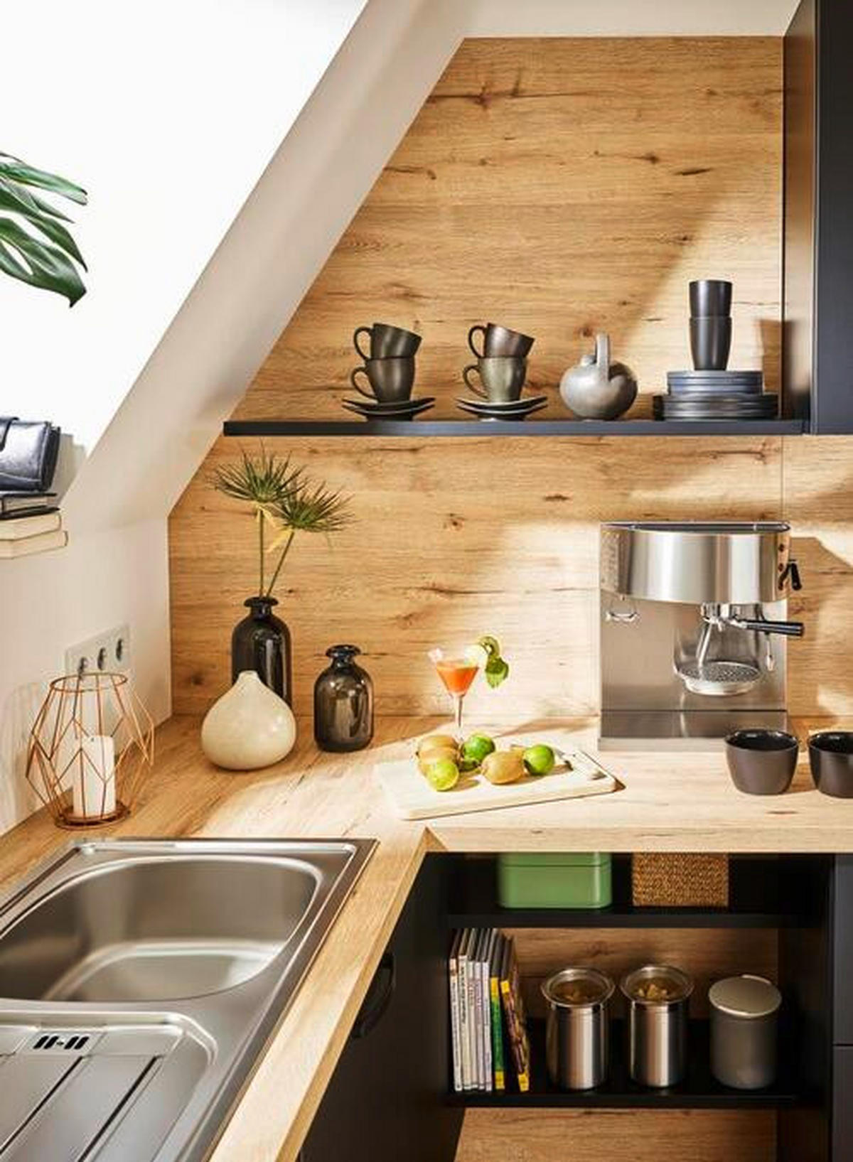 EINBAUKÜCHE DK309  - Eichefarben/Schwarz, Design, Holzwerkstoff - Dieter Knoll