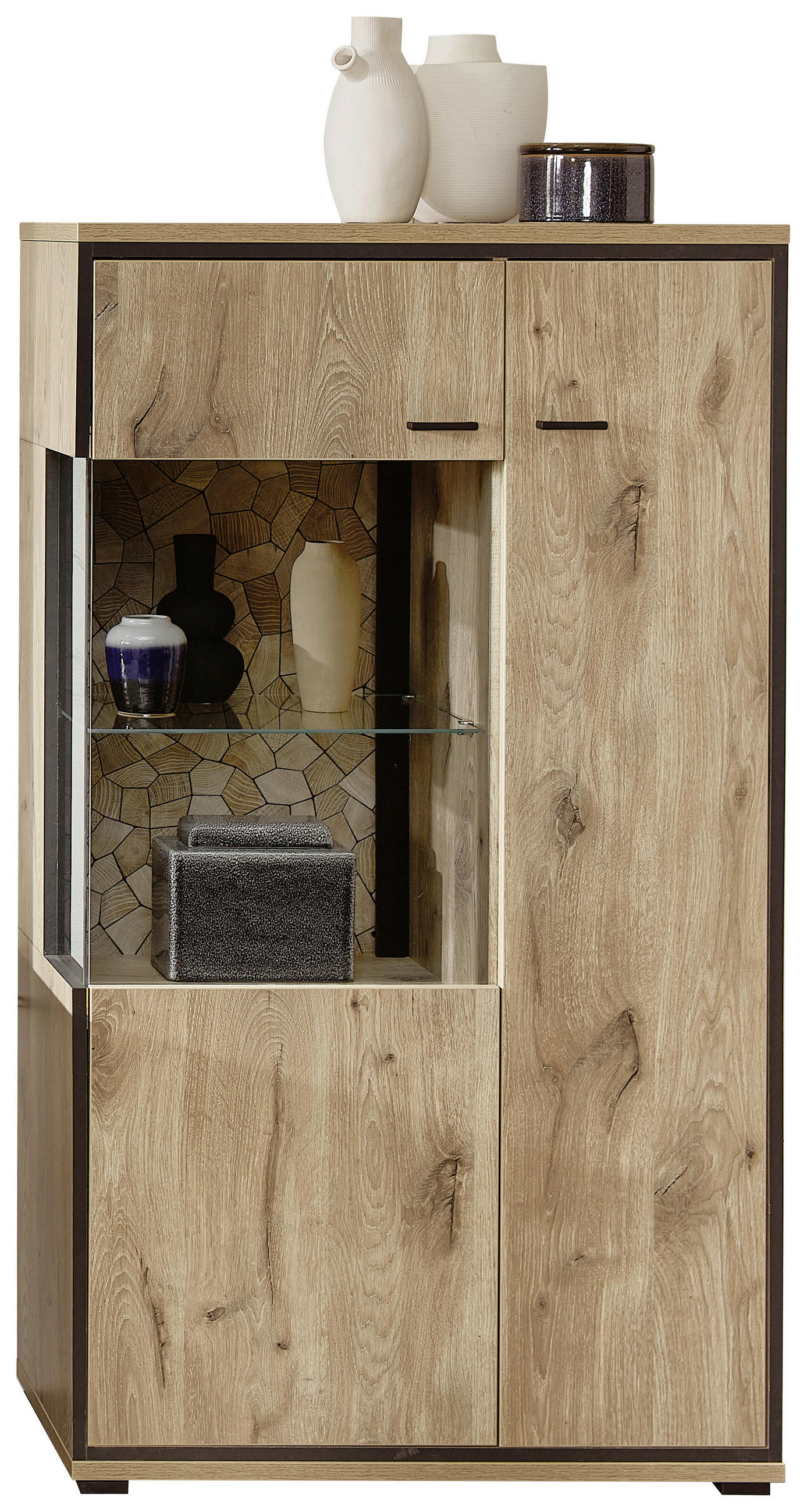 VITRINE Schwarz, Eichefarben Einlegeböden  - Eichefarben/Schwarz, KONVENTIONELL, Glas/Holzwerkstoff (80/144/40cm) - Livetastic