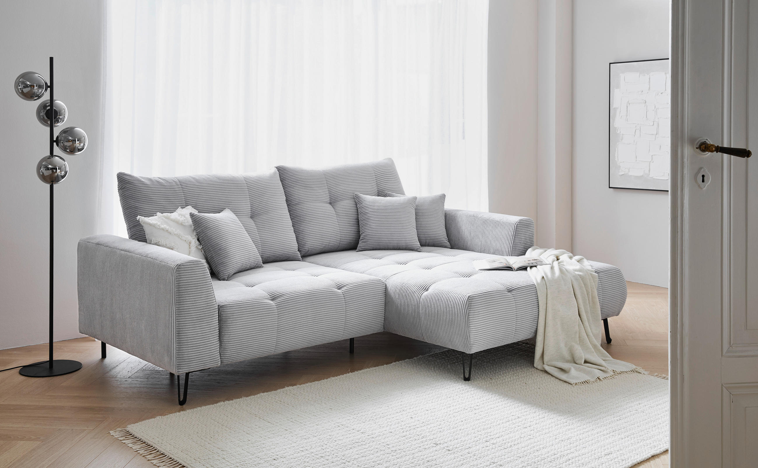 ECKSOFA Hellgrau Cord  - Hellgrau/Schwarz, KONVENTIONELL, Textil/Metall (250/185cm) - Carryhome