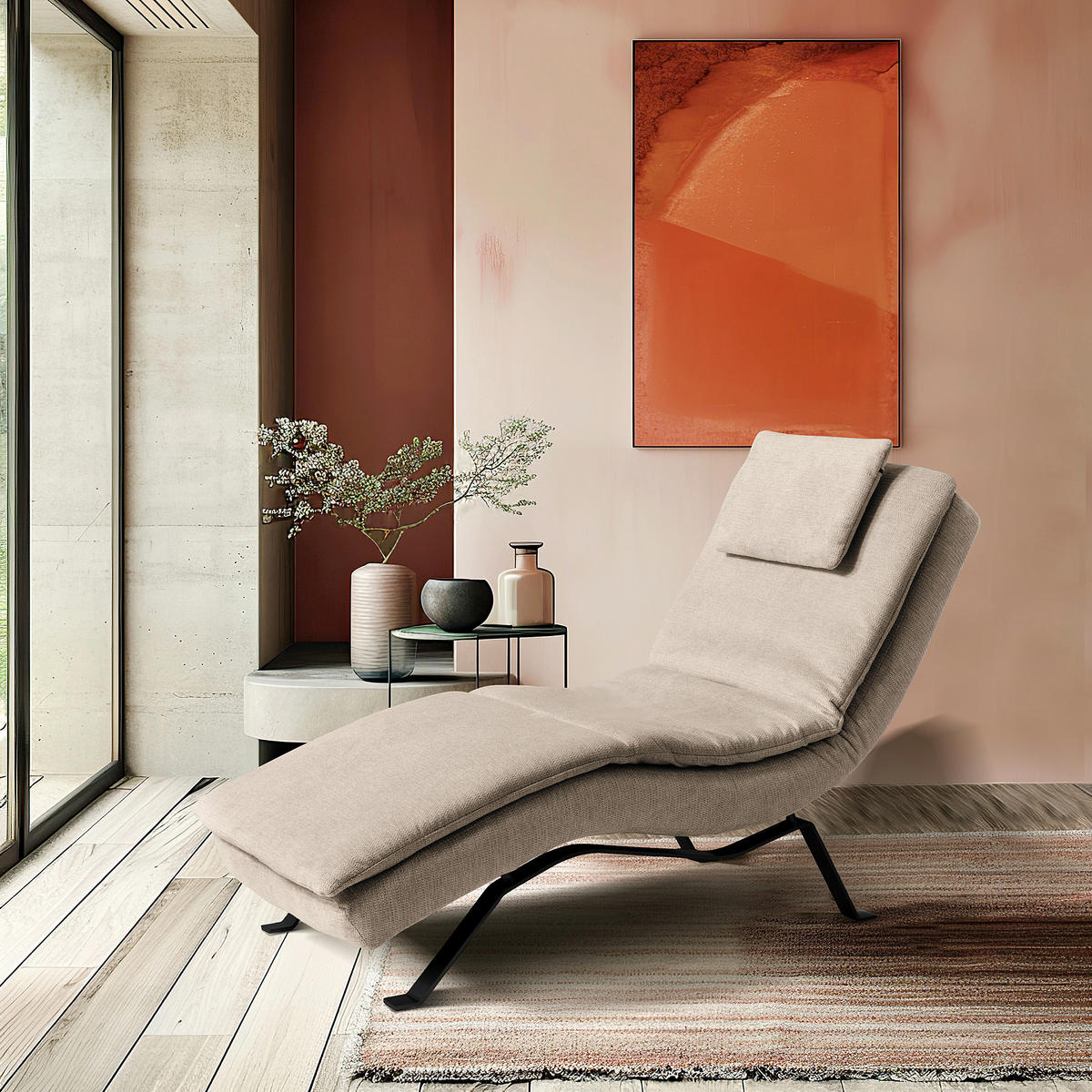 RELAXLIEGE Echtleder Beige  - Beige/Schwarz, Design, Leder/Metall (65/95/171cm) - Celina Home