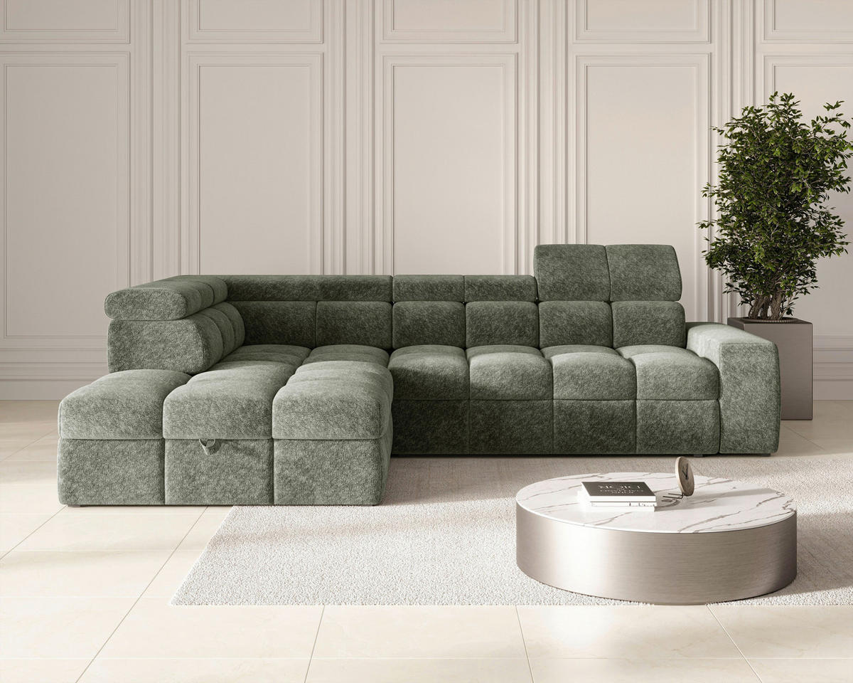 ECKSOFA Dunkelgrün Chenille Bettkasten, Schlaffunktion, Rücken echt, Kopfteilverstellung, Liegefläche im Originalstoff  - Dunkelgrün/Schwarz, MODERN, Kunststoff/Textil (204/292cm) - Milino