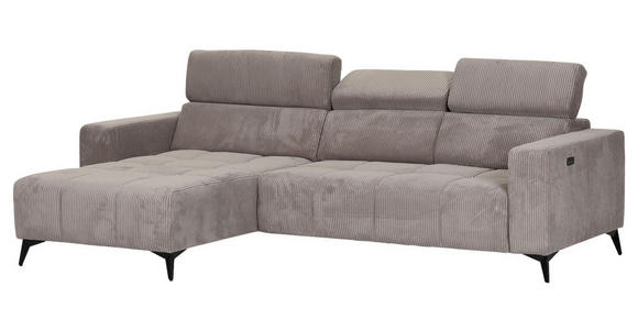 ECKSOFA Taupe Cord Rücken echt, Kopfteilverstellung, Sitzvorzug  - Taupe/Schwarz, KONVENTIONELL, Textil/Metall (170/257cm) - Carryhome