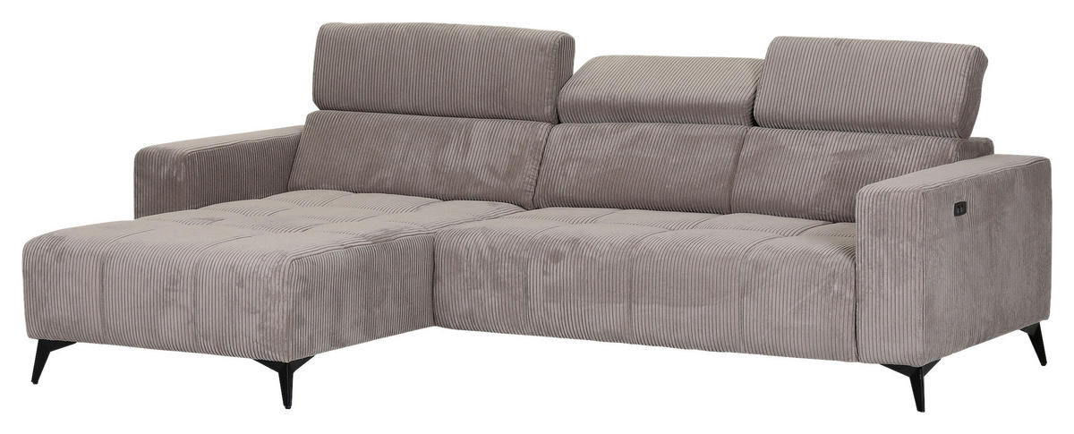 ECKSOFA Taupe Cord Rücken echt, Kopfteilverstellung, Sitzvorzug  - Taupe/Schwarz, KONVENTIONELL, Textil/Metall (170/257cm) - Carryhome