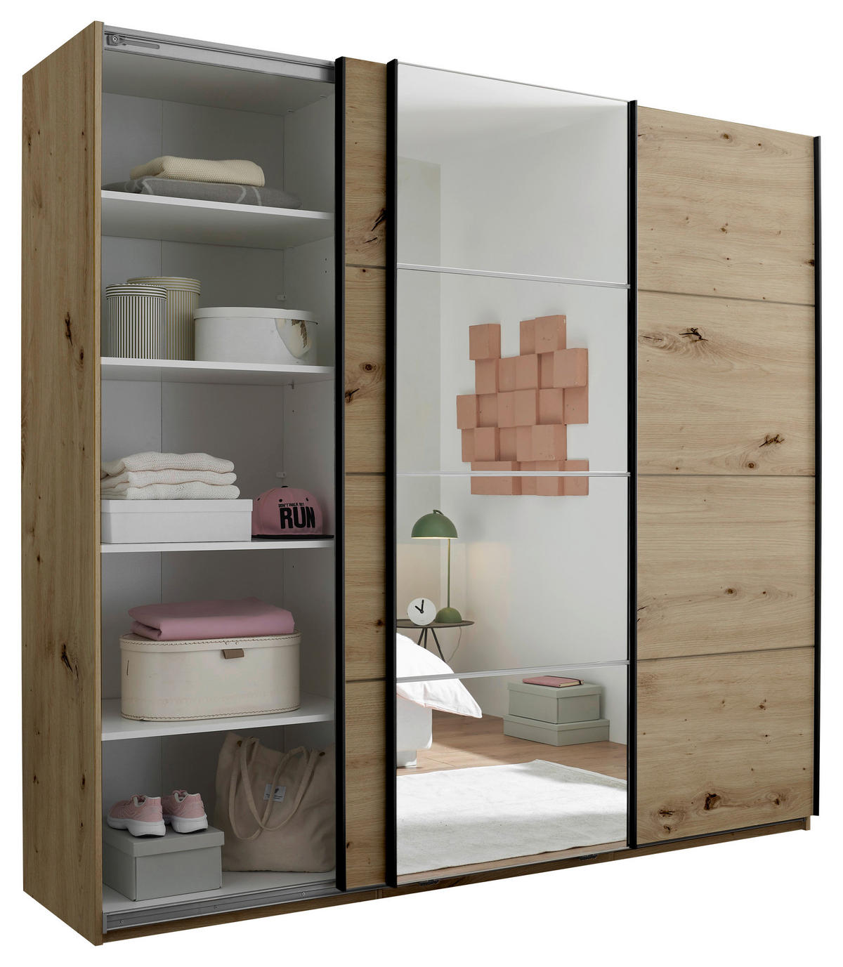 SCHWEBETÜRENSCHRANK 215/204/60 cm 3-türig Eiche Artisan  - Schwarz/Eiche Artisan, KONVENTIONELL, Glas/Holzwerkstoff (215/204/60cm) - Boxxx