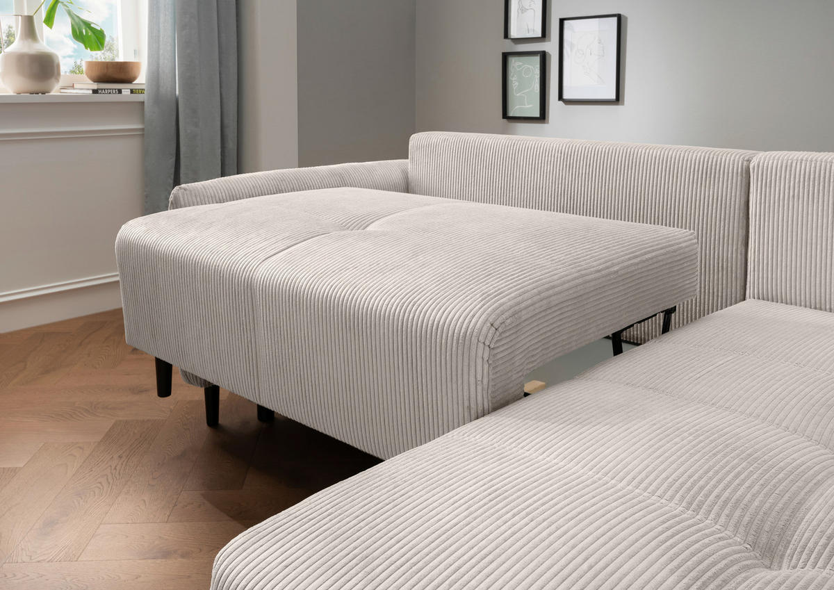 ECKSCHLAFSOFA in Cord Beige  - Beige/Schwarz, Basics, Holz/Textil (238/174cm) - Livetastic