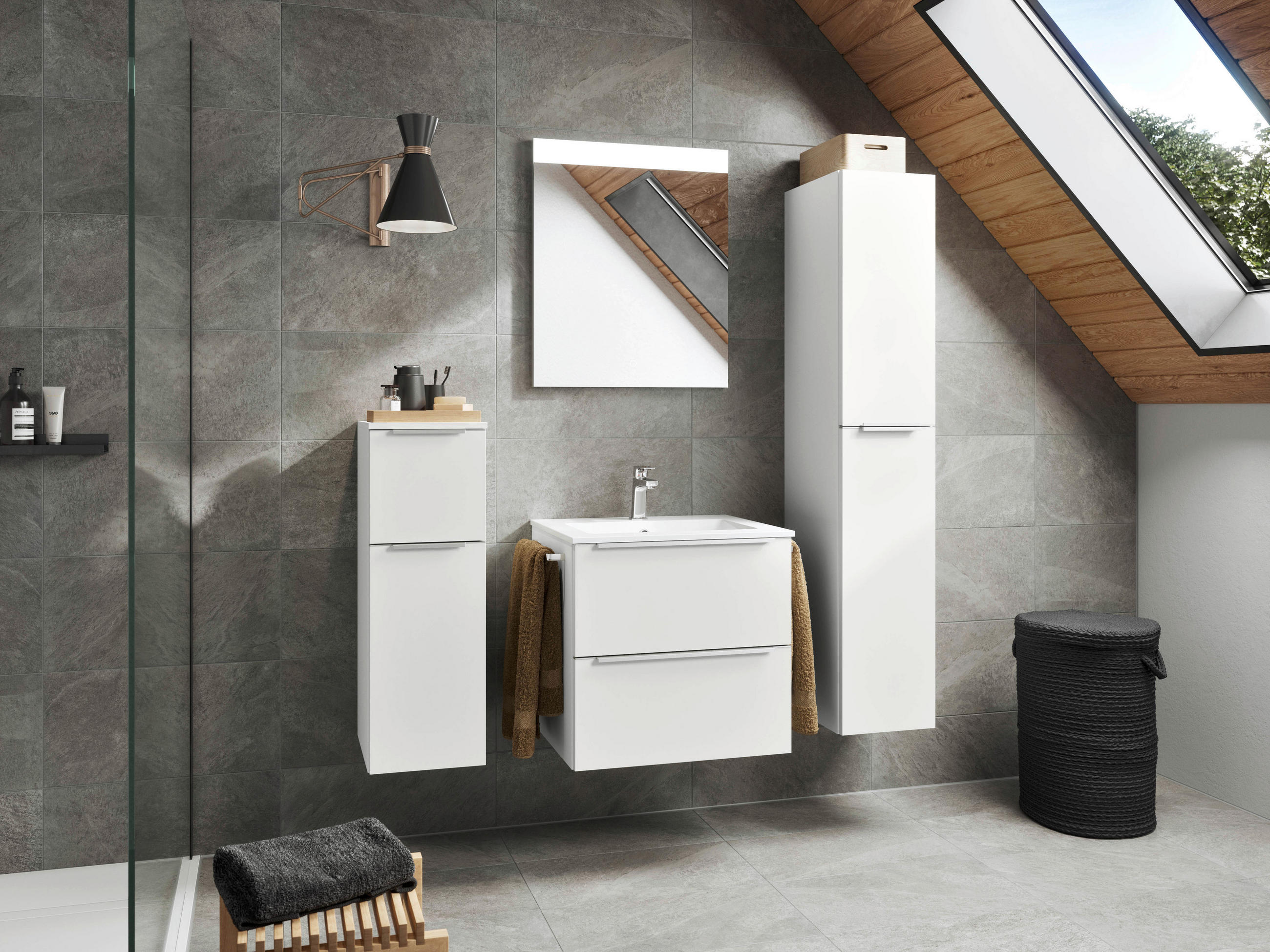 BADEZIMMER 5-teilig  in 121 cm  - Edelstahlfarben/Weiß, MODERN, Holzwerkstoff/Stein (121cm) - Nobilia