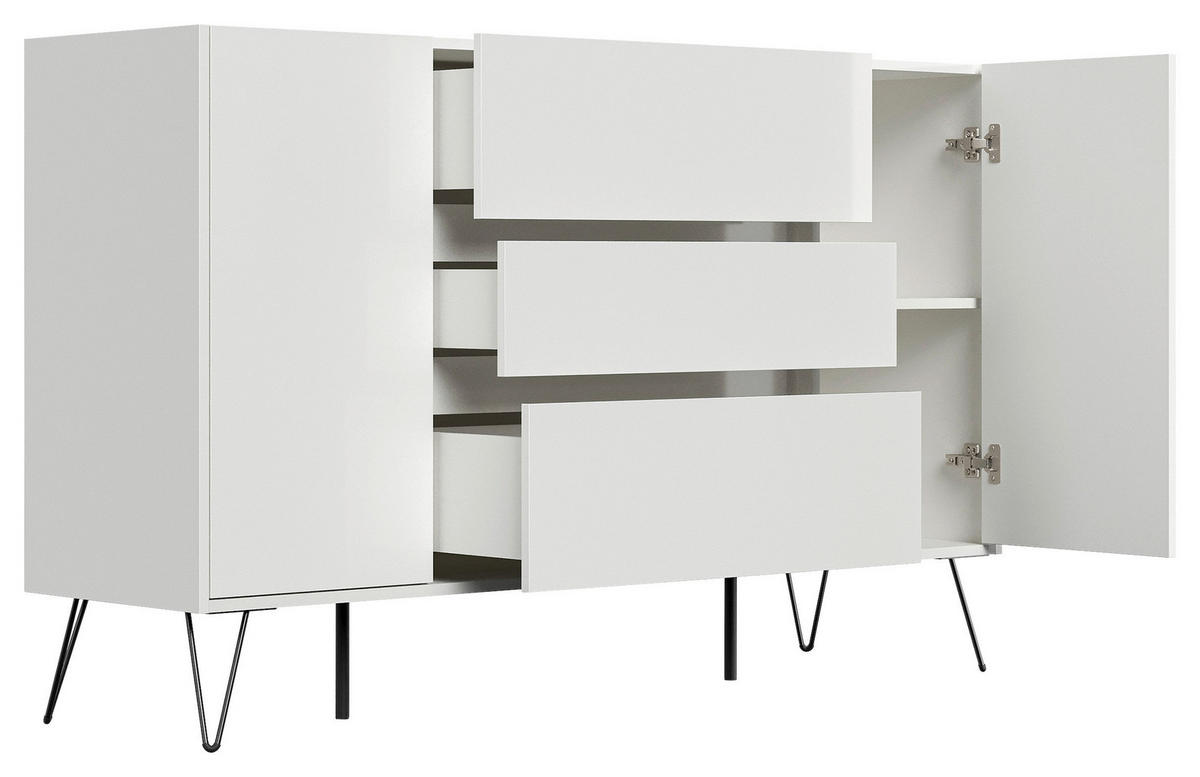 SIDEBOARD Posseik Industrial 155/93,6/42 cm 3 Schublade(n)  - Weiß Hochglanz/Schwarz, Design, Holzwerkstoff/Metall (155/93,6/42cm) - P & B