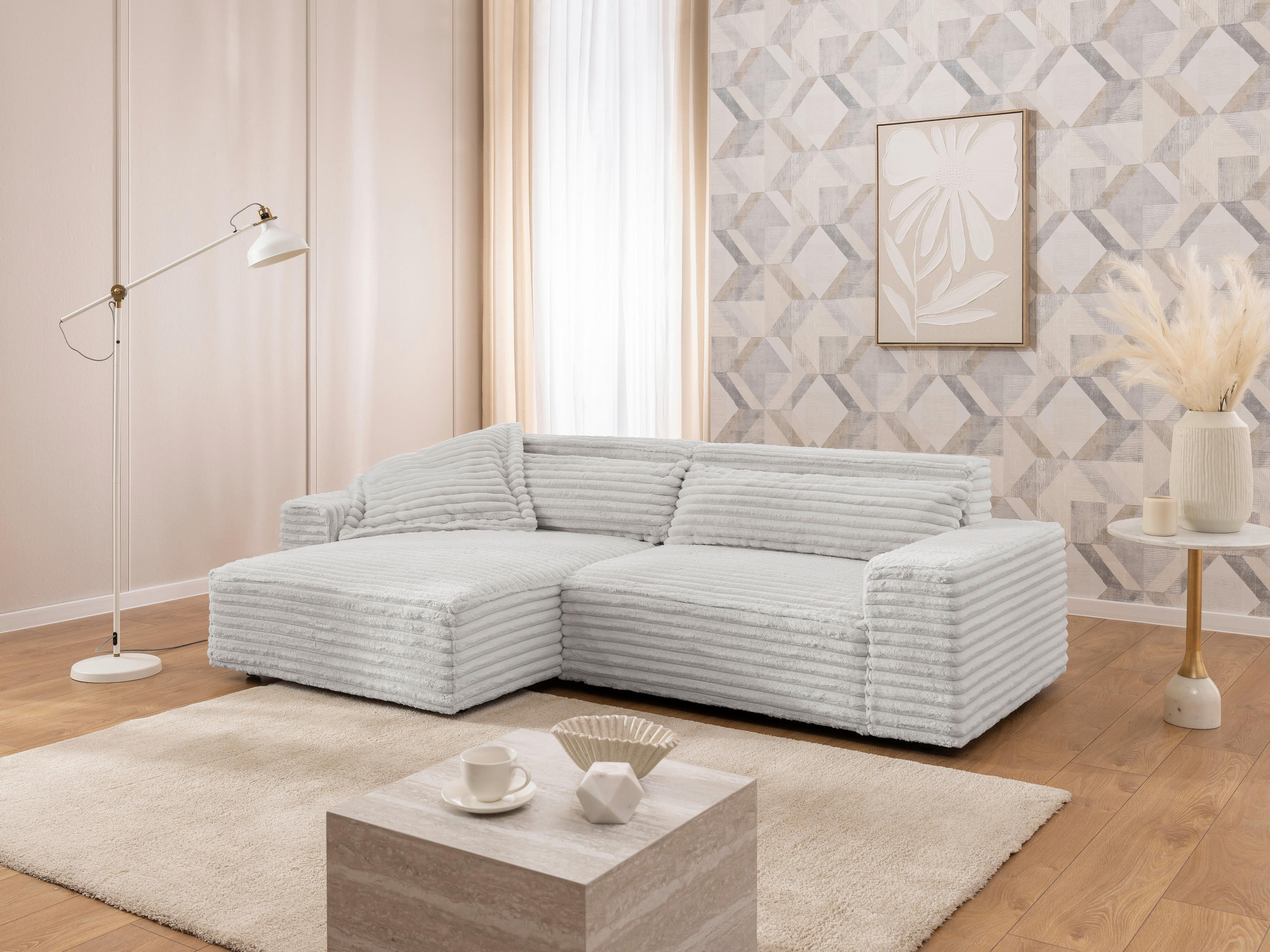 ECKSOFA Cord Hellgrau  - Hellgrau/Schwarz, Design, Kunststoff/Textil (251/142cm) - P & B
