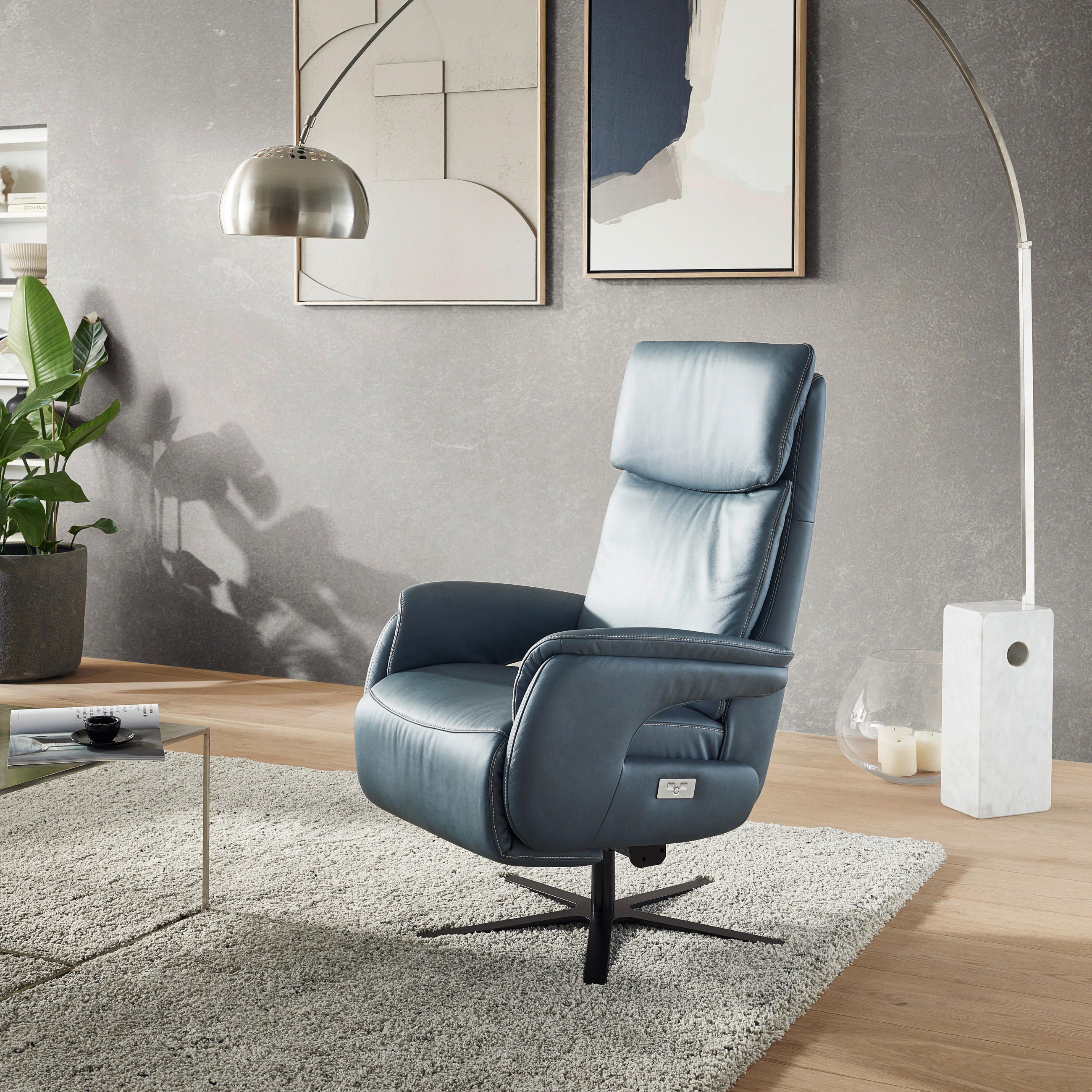 RELAXSESSEL Echtleder    - Graublau/Schwarz, KONVENTIONELL, Leder/Metall (70/117/85cm) - Dieter Knoll