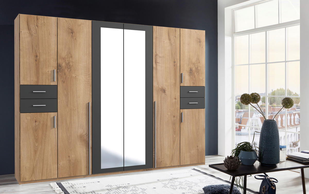 DREHTÜRENSCHRANK in Graphitfarben, Eichefarben  - Eichefarben/Silberfarben, Basics, Holzwerkstoff (270/208/58cm) - MID.YOU