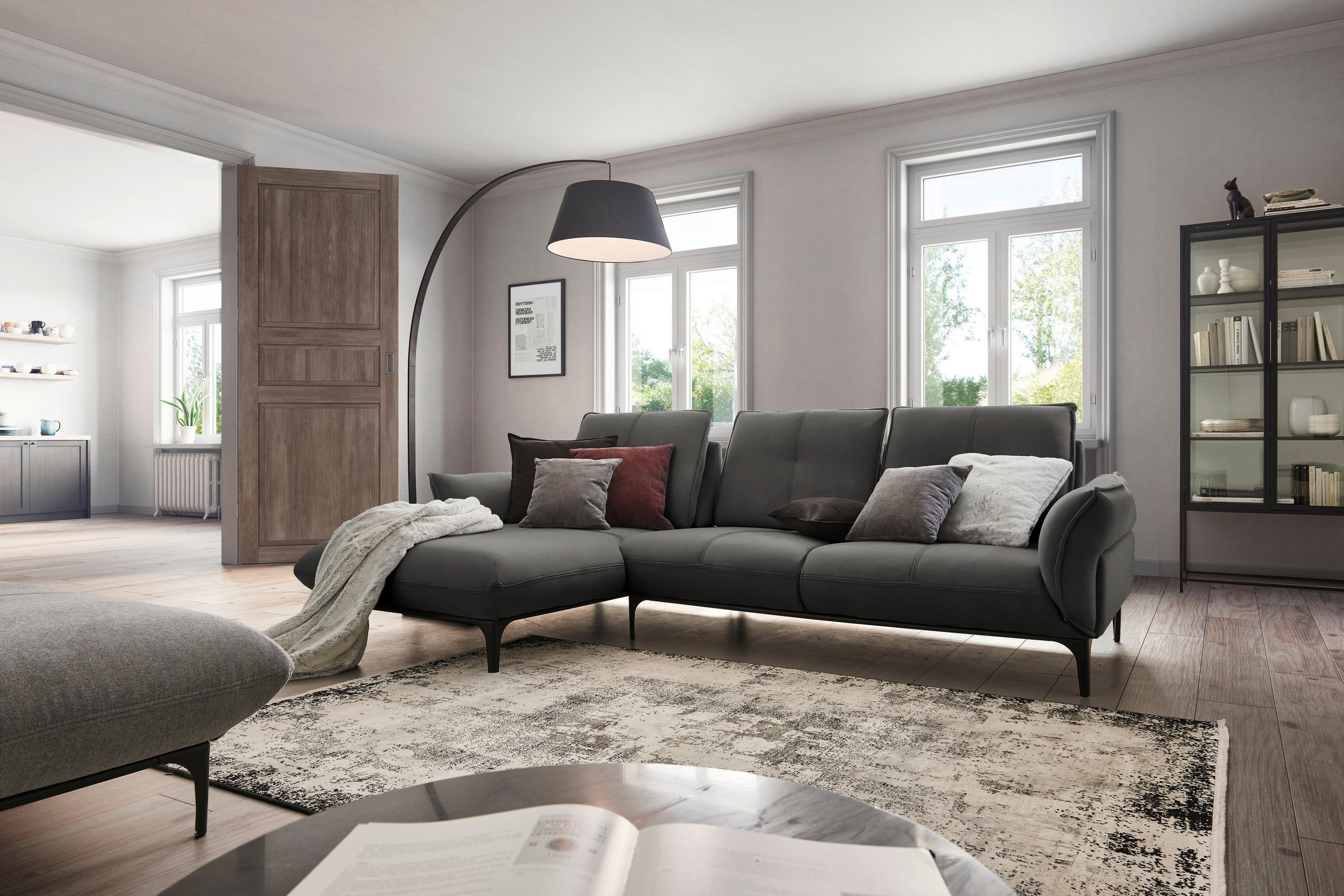 ECKSOFA in Echtleder Dunkelgrau  - Dunkelgrau/Schwarz, Natur, Leder (182/277cm) - Valnatura