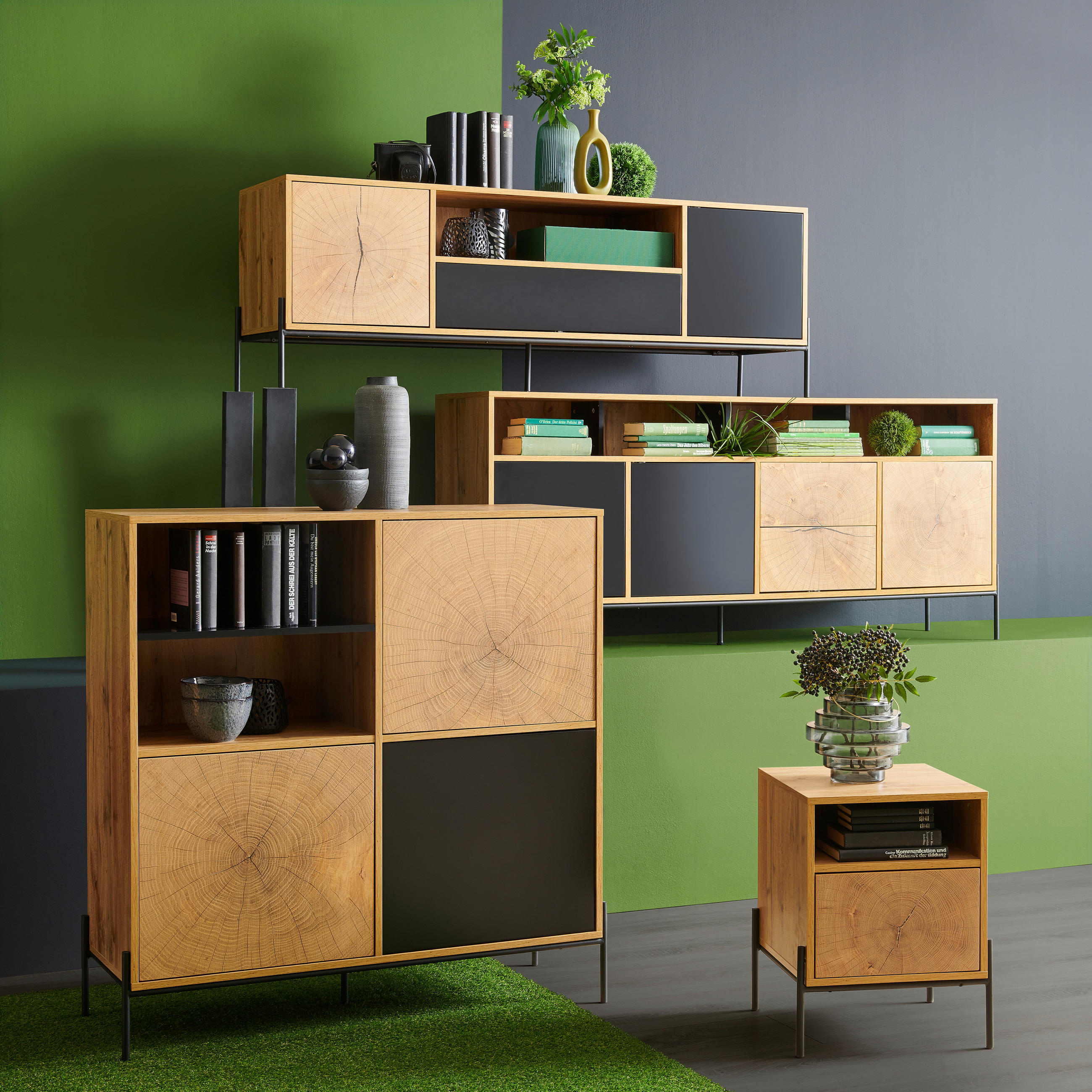 KOMODA, črna, barve hrasta  - črna/barve hrasta, Design, kovina/leseni material (110/114/40cm) - Carryhome