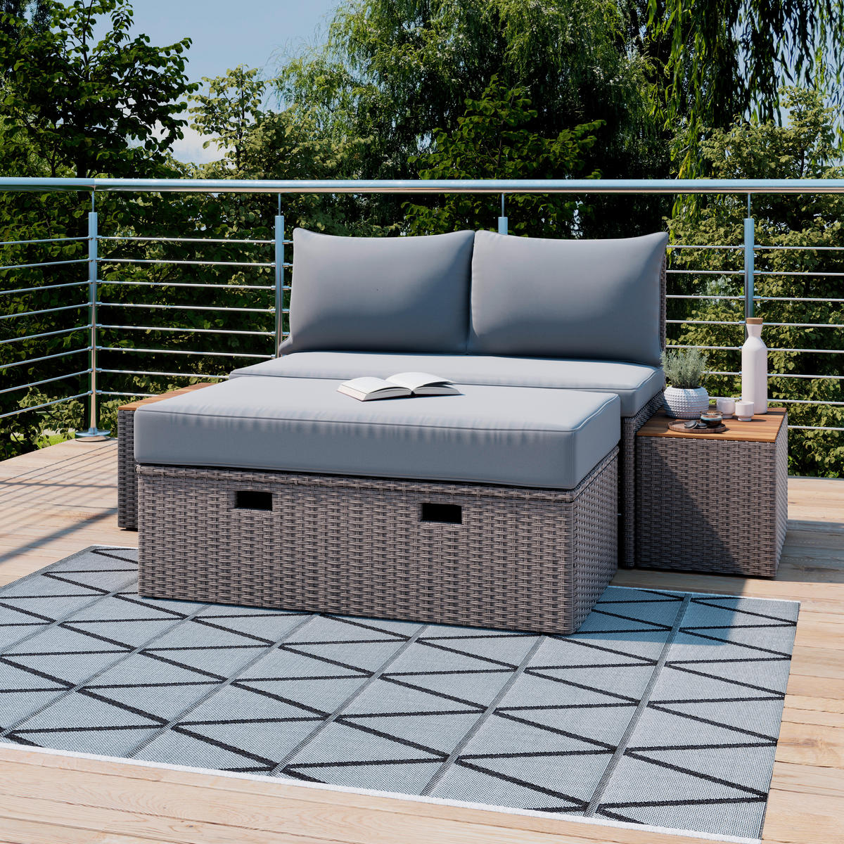 TERASOVÁ SEDACÍ SOUPRAVA dřevo, kov, plast, textil - šedá/hnědá, Moderní, kov/dřevo (113/72/62,5cm) - Ambia Garden