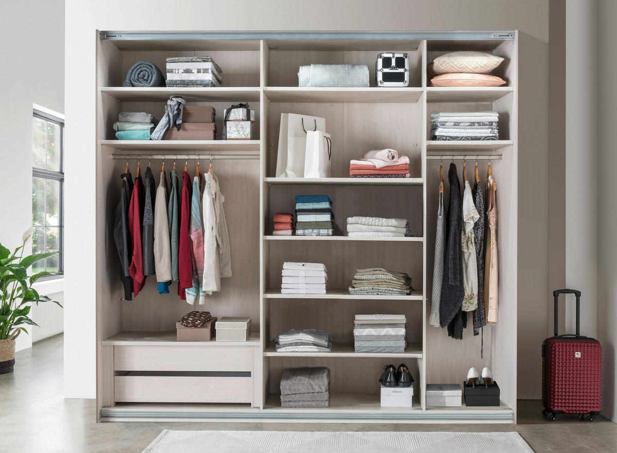 SCHWEBETÜRENSCHRANK in Eiche Bianco  - Chromfarben/Eiche Bianco, Konventionell, Holzwerkstoff (250/217/67cm) - Voleo