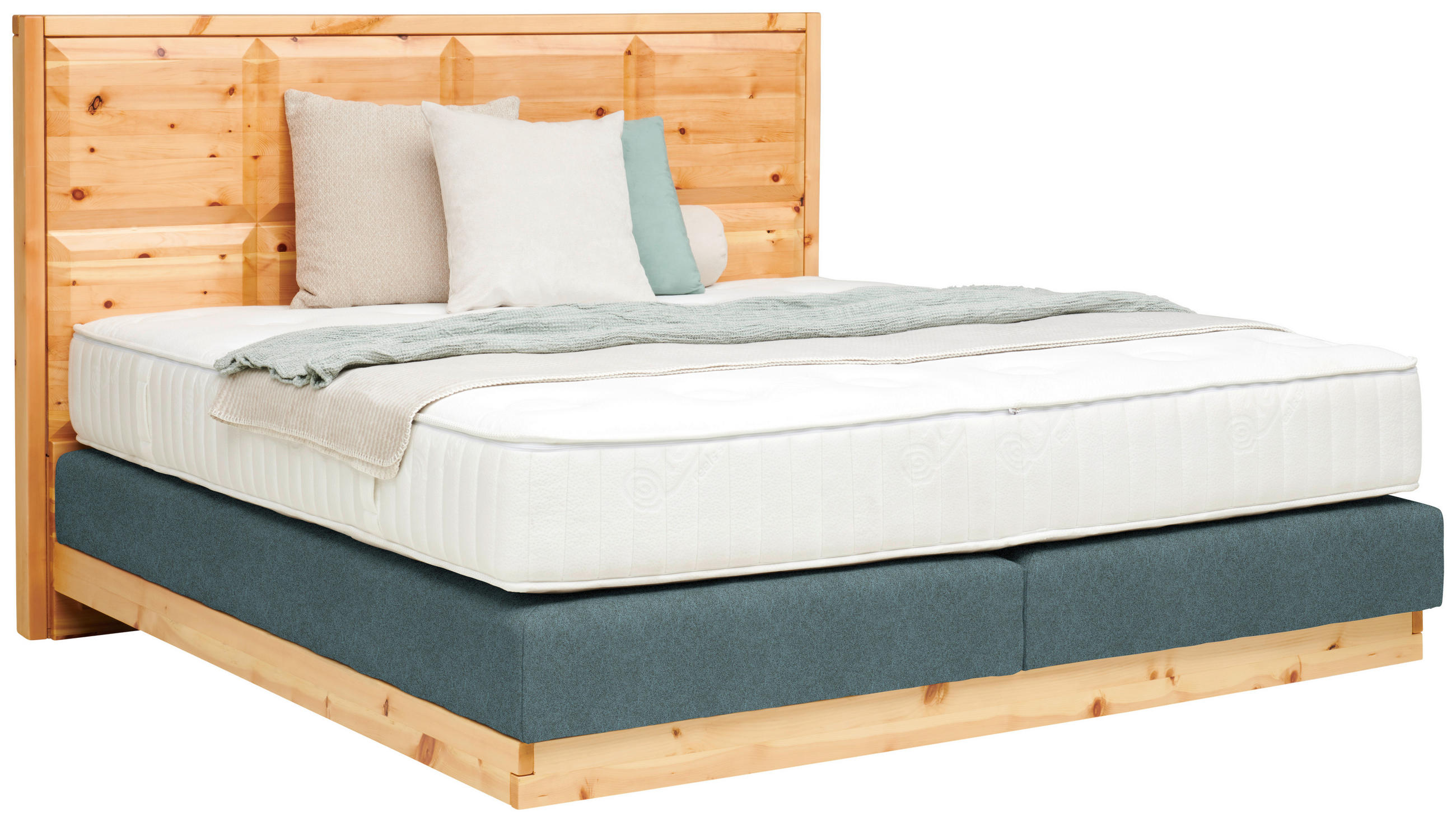 BOXSPRINGBETT 160/200 cm,  in Zirbelkieferfarben, Blaugrau, Matratze, Topper, unterschiedliche Matratzenhärtegrade je Bettseite, H2 + H3 = mittel + fest  - Zirbelkieferfarben/Blaugrau, Natur, Holz/Textil (160/200cm) - Valnatura