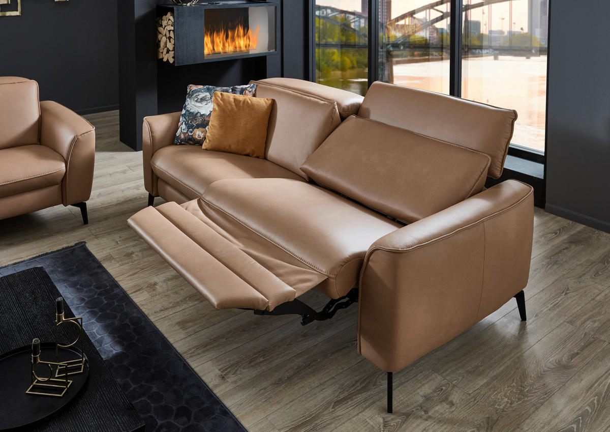 3-SITZER-SOFA in Echtleder Haselnussfarben  - Schwarz/Haselnussfarben, Natur, Leder/Metall (222/81/110cm) - Valdera