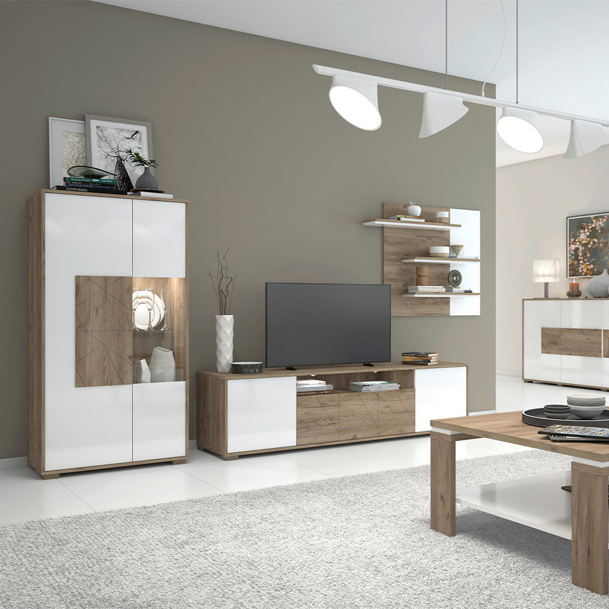 VITRINA boja hrasta, bela visoki sjaj   - siva/boja hrasta, Dizajnerski, staklo/pločasti materijal (77/150/41cm) - Hom`in