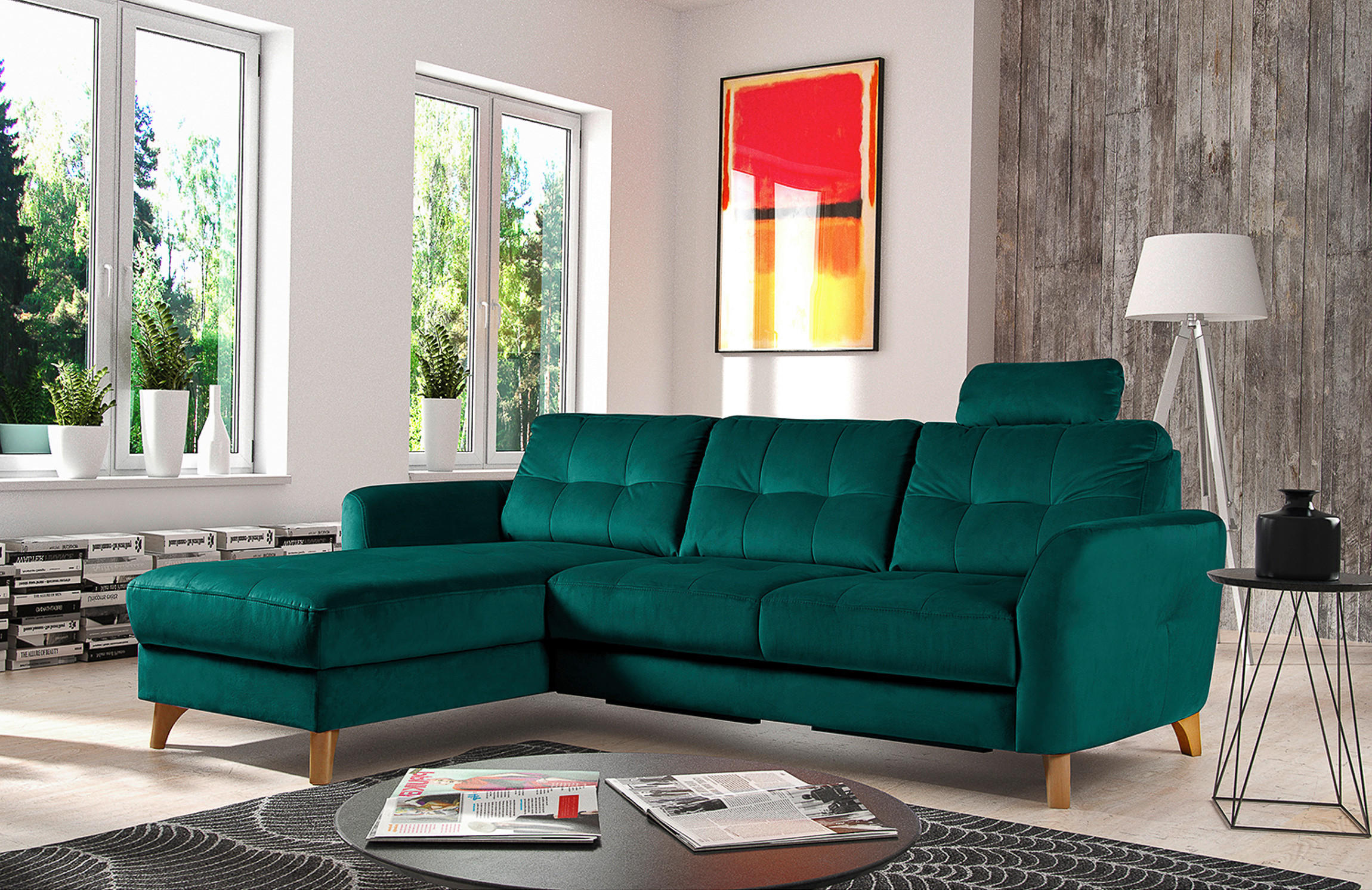 ECKSOFA Petrol Samt  - Buchefarben/Petrol, Design, Holz/Textil (168/238cm) - Livetastic