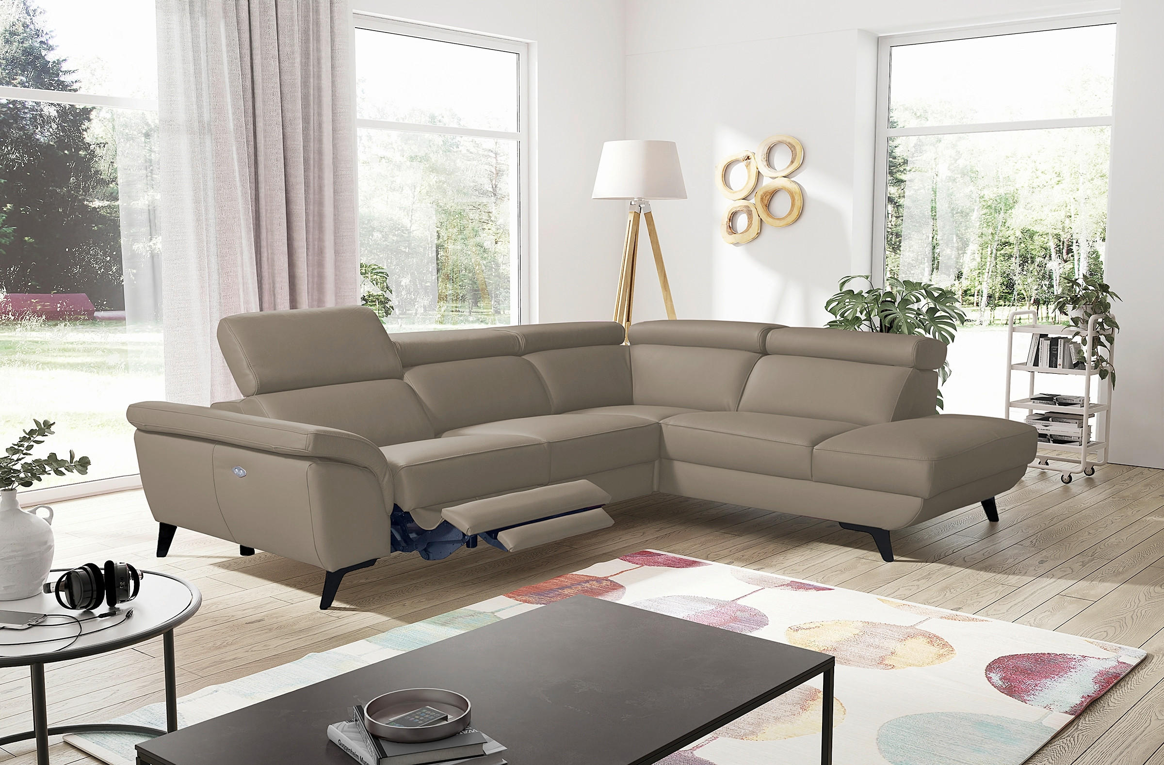 ECKSOFA DALLAS in Echtleder Taupe  283/228 cm  - Taupe/Schwarz, Design, Leder/Metall (283/228cm) - Livetastic