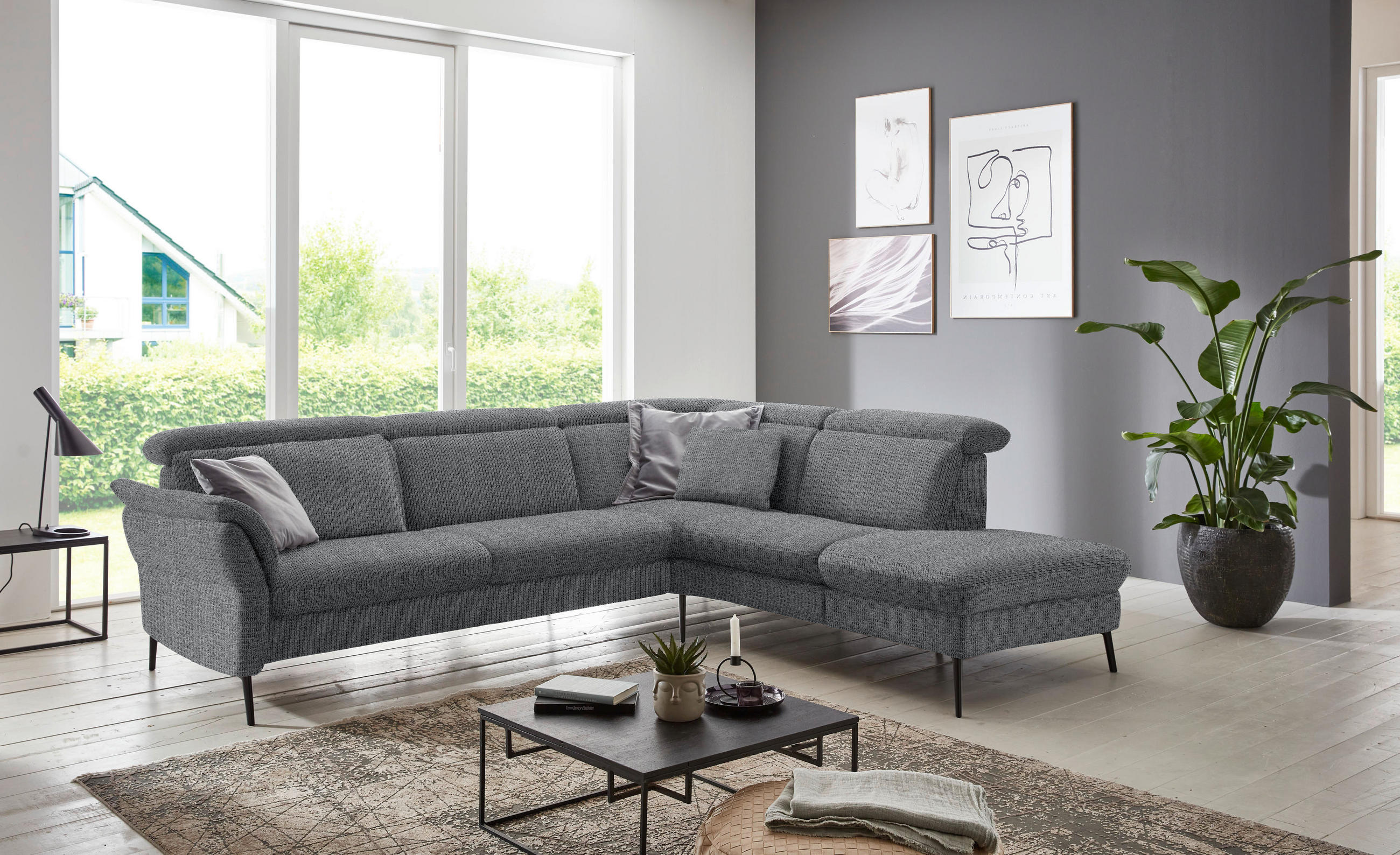 ECKSOFA in Struktur Anthrazit  - Anthrazit/Schwarz, Modern, Textil/Metall (275/235cm) - Cantus