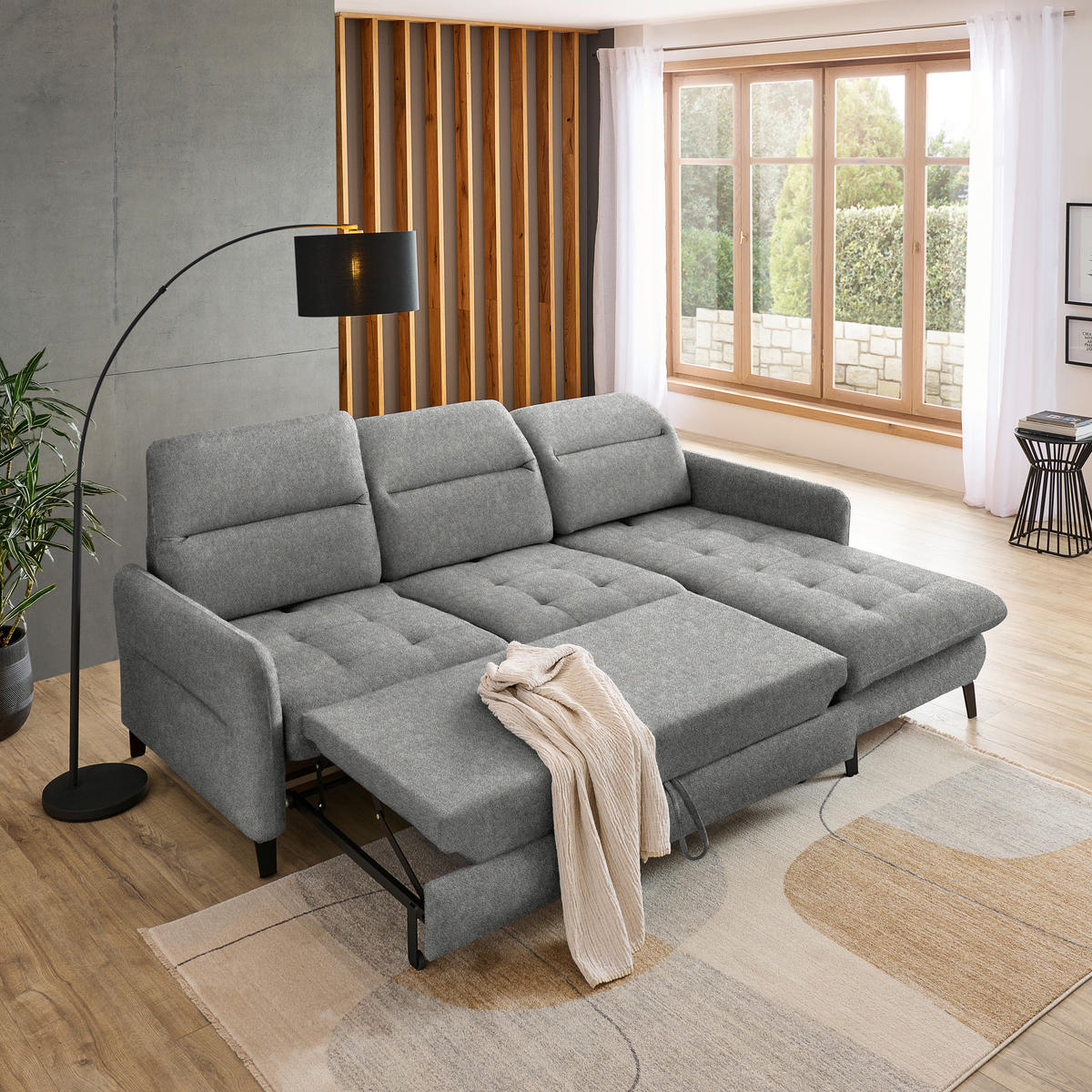 ECKSOFA Grau Flachgewebe  - Schwarz/Grau, KONVENTIONELL, Textil/Metall (254/190cm) - Livetastic