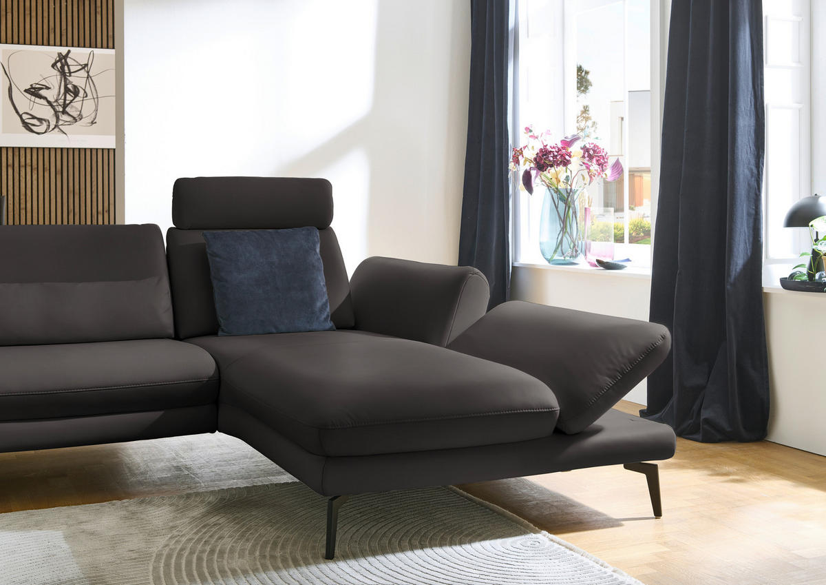ECKSOFA in Echtleder Grau  - Schwarz/Grau, Design, Leder/Metall (308/195cm) - Dieter Knoll