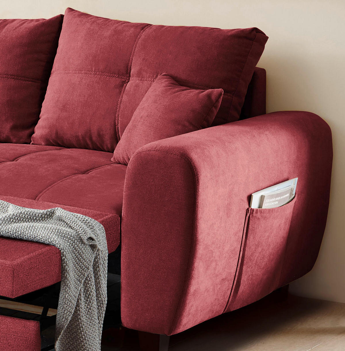 ECKSOFA Beere Mikrovelours  - Beere/Schwarz, Basics, Kunststoff/Textil (176/248cm) - MID.YOU