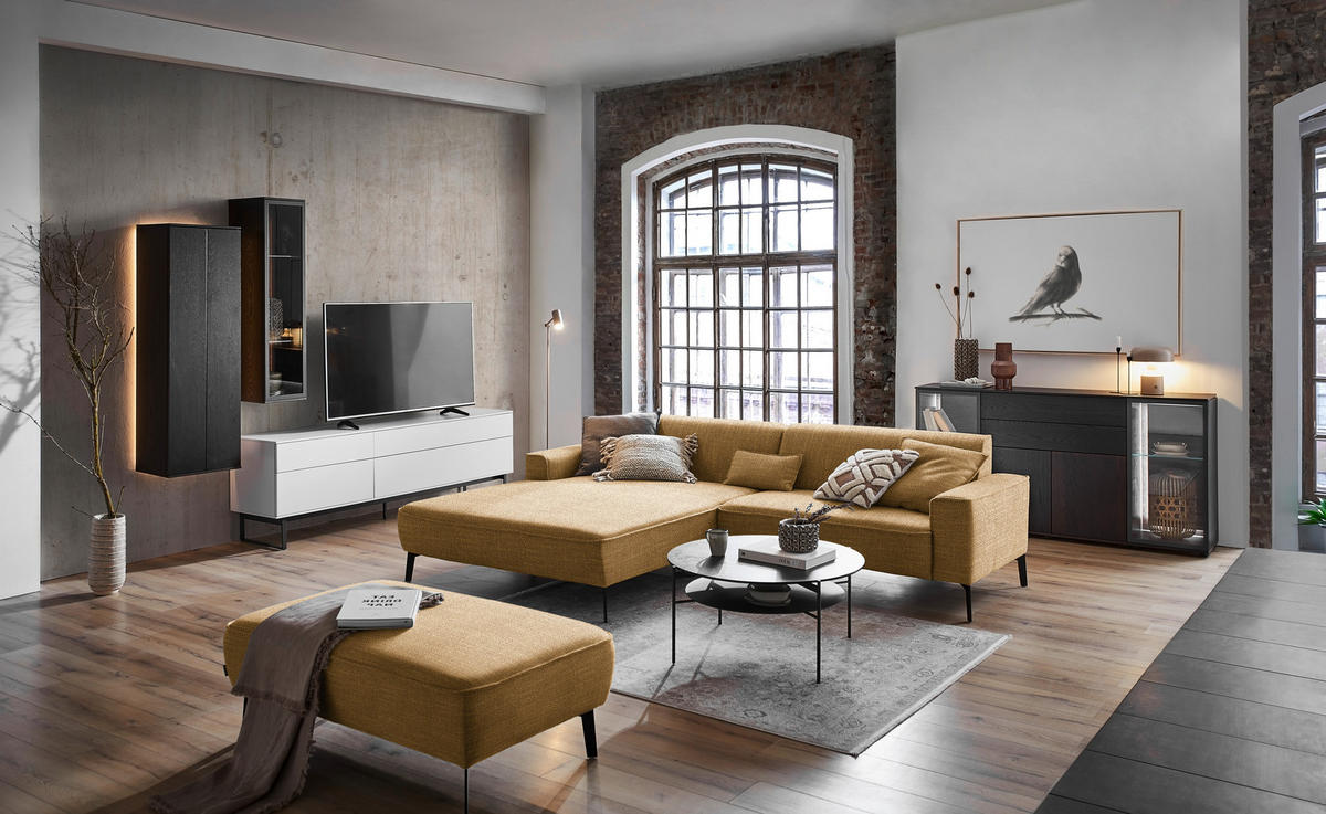 ECKSOFA in Flachgewebe Senfgelb  - Senfgelb/Schwarz, Design, Textil/Metall (190/285cm) - Johann Jakob