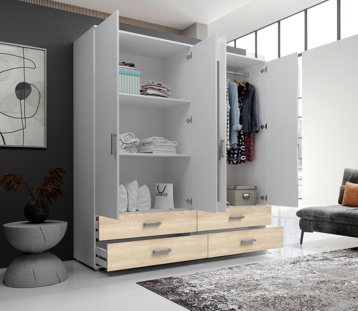 DREHTÜRENSCHRANK in Weiss, Sonoma Eiche  - Weiss/Alufarben, Modern, Holzwerkstoff/Kunststoff (180/190cm) - MID.YOU