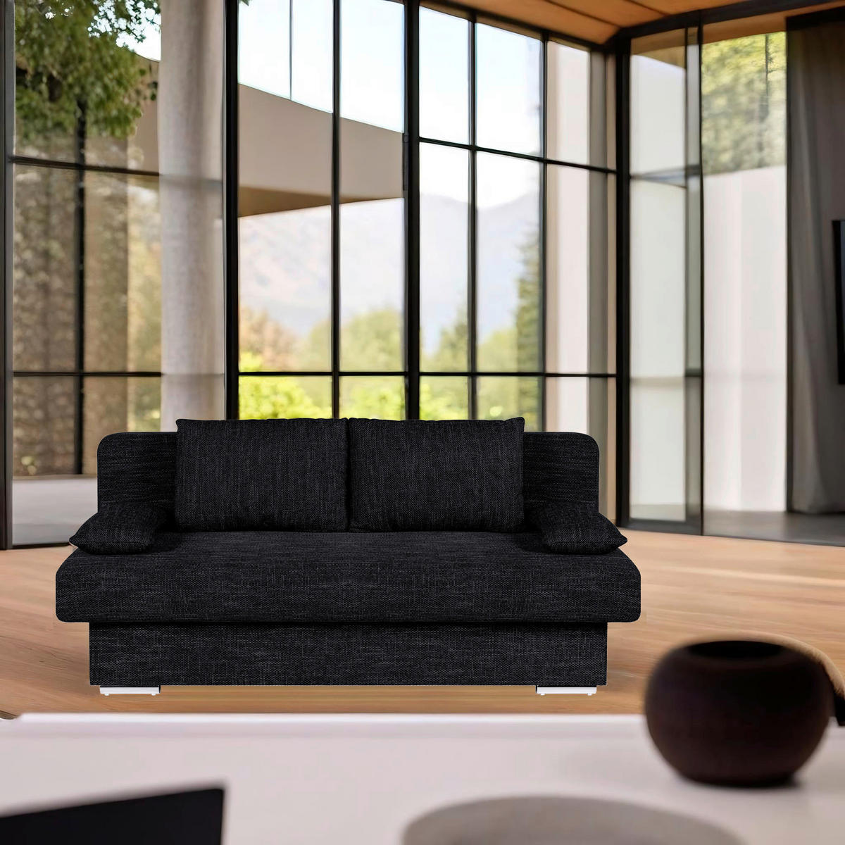 SCHLAFSOFA  mit Liegefunktion, Rücken echt Webstoff Schwarz  - Chromfarben/Schwarz, Design, Kunststoff/Textil (193/85/86cm) - P & B