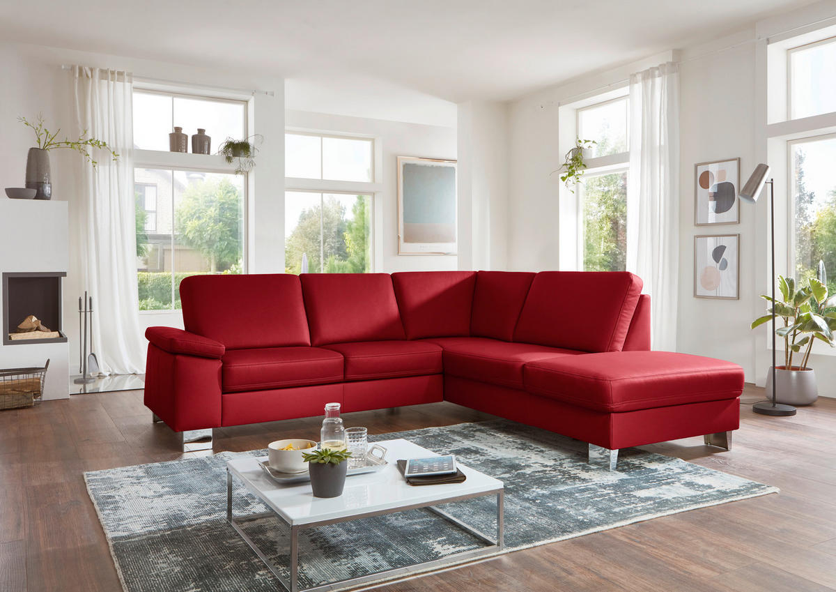 ECKSOFA  in Echtleder Rot  248/235 cm  - Rot/Alufarben, Design, Leder/Metall (248/235cm) - Beldomo Premium