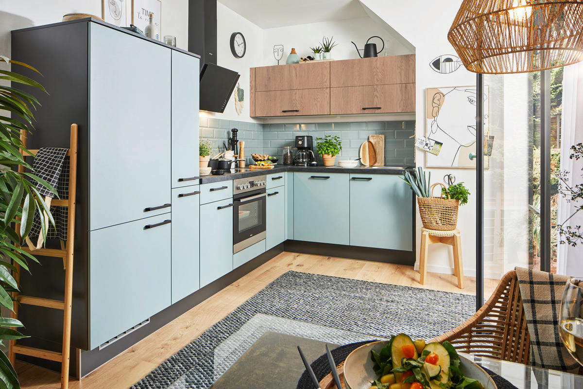 ECKKÜCHE XO 15 305/185 cm  in Eichefarben, Pastellblau  - Pastellblau/Eichefarben, Design, Holzwerkstoff/Metall (305/185cm) - Xora