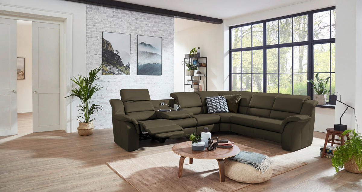 ECKSOFA  in Echtleder Olivgrün  324/260 cm  - Chromfarben/Olivgrün, KONVENTIONELL, Leder/Kunststoff (324/260cm) - Cantus