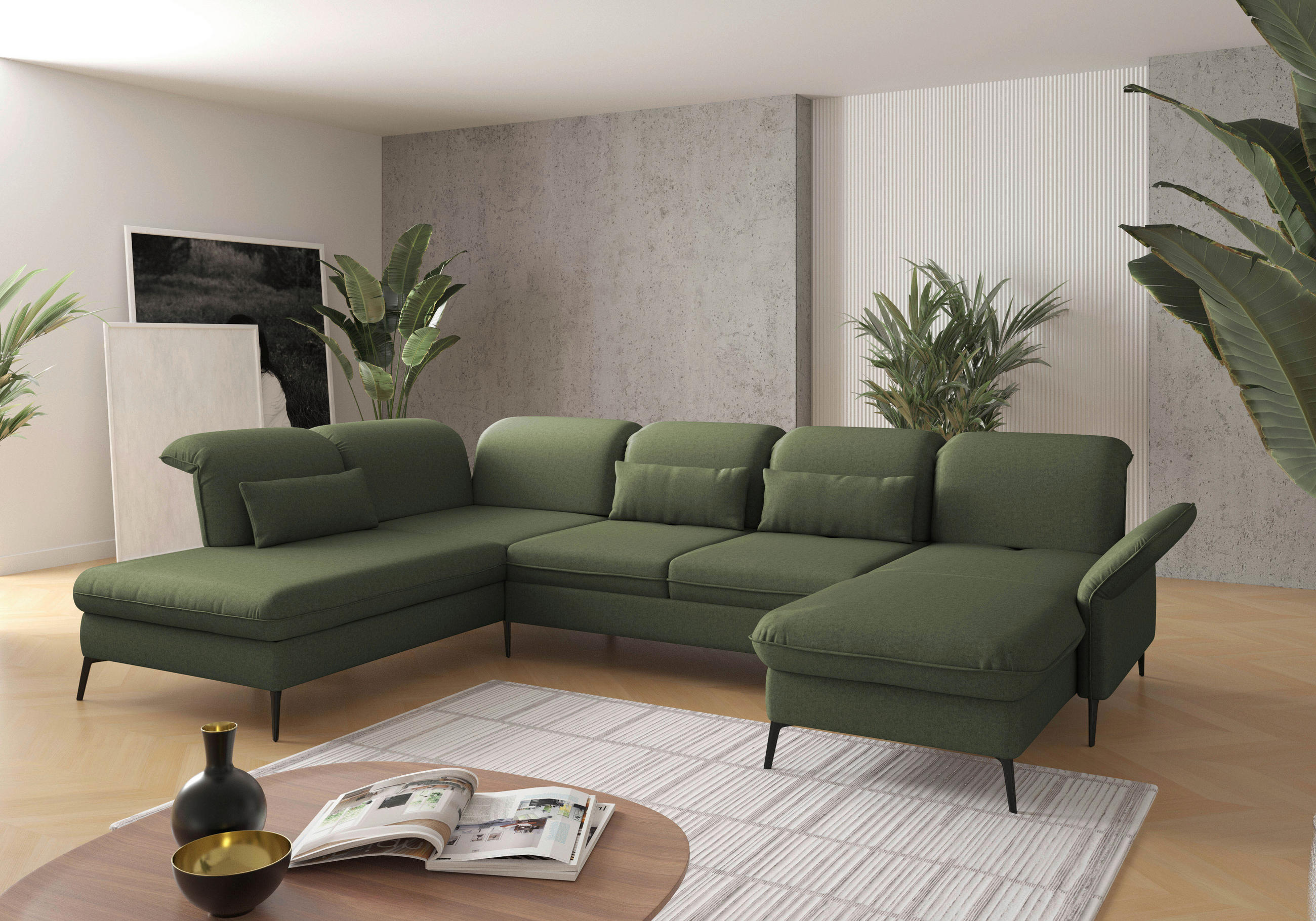 WOHNLANDSCHAFT in Flachgewebe Olivgrün  - Schwarz/Olivgrün, Konventionell, Textil/Metall (231/359/198cm) - Sit & More